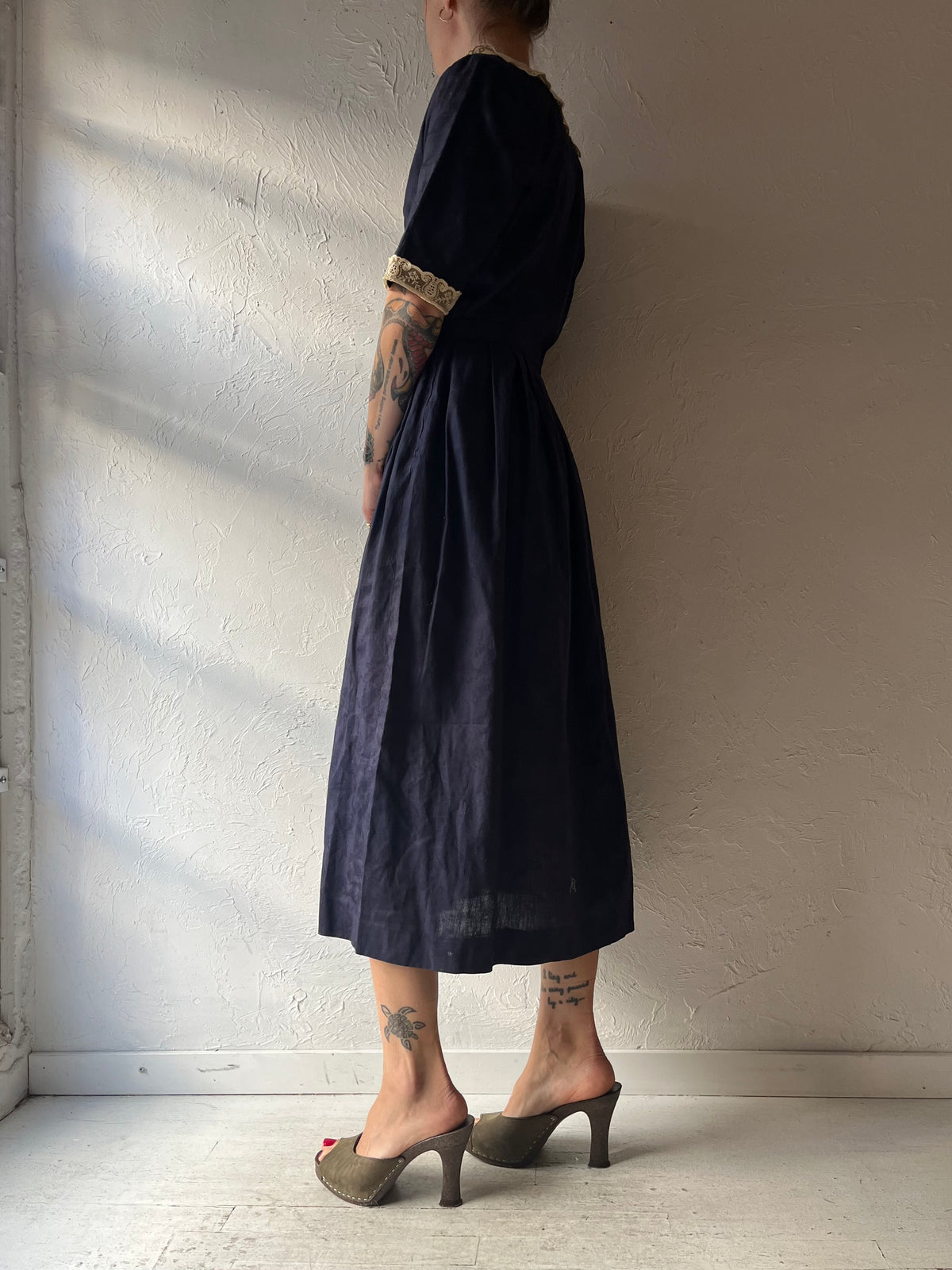 Vintage 'Laura Ashley' Navy Blue Lace Collared Dress / Small