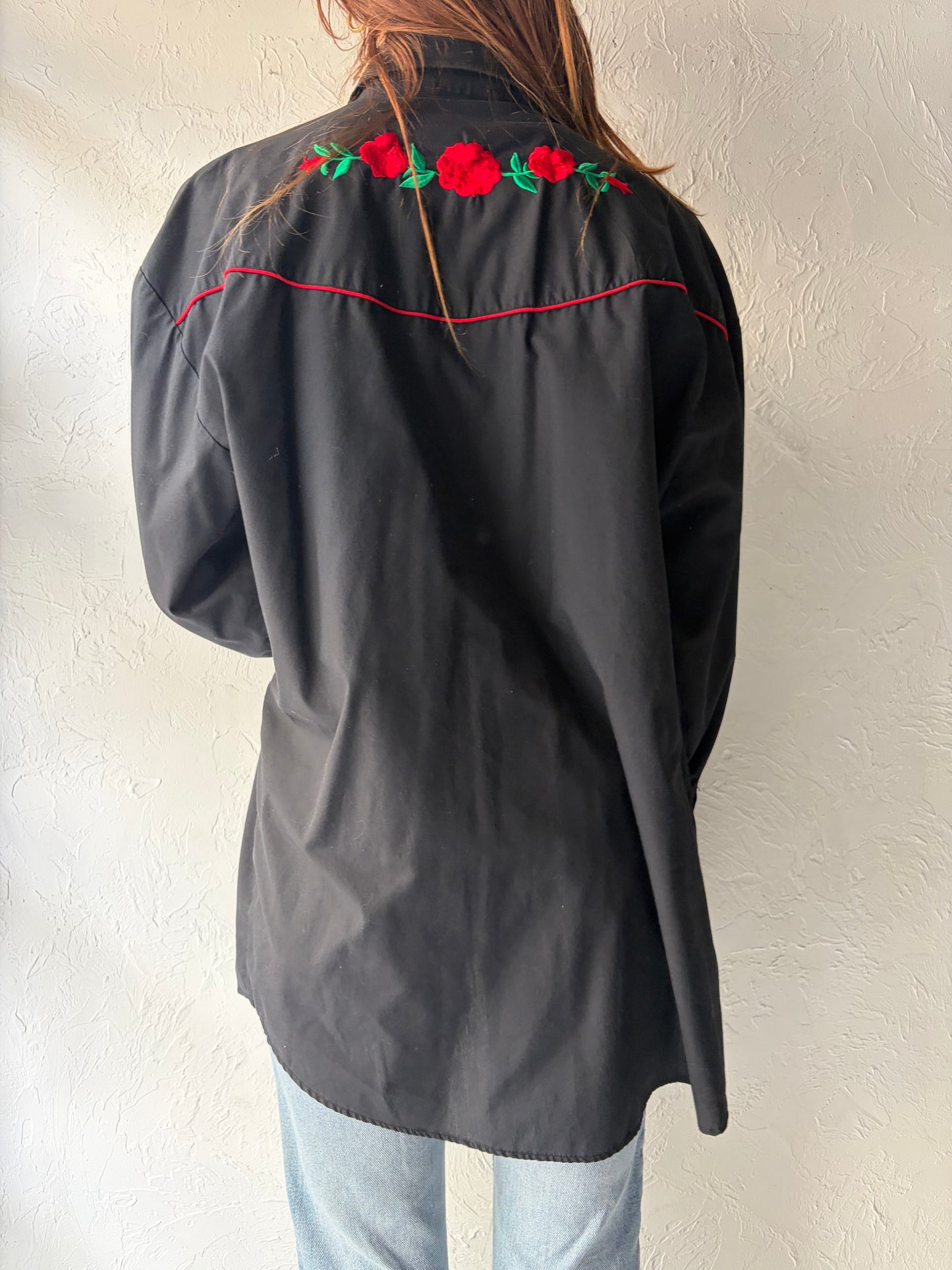 Vintage 'Ash Creek' Rose Embroidered Black Western Shirt / Large