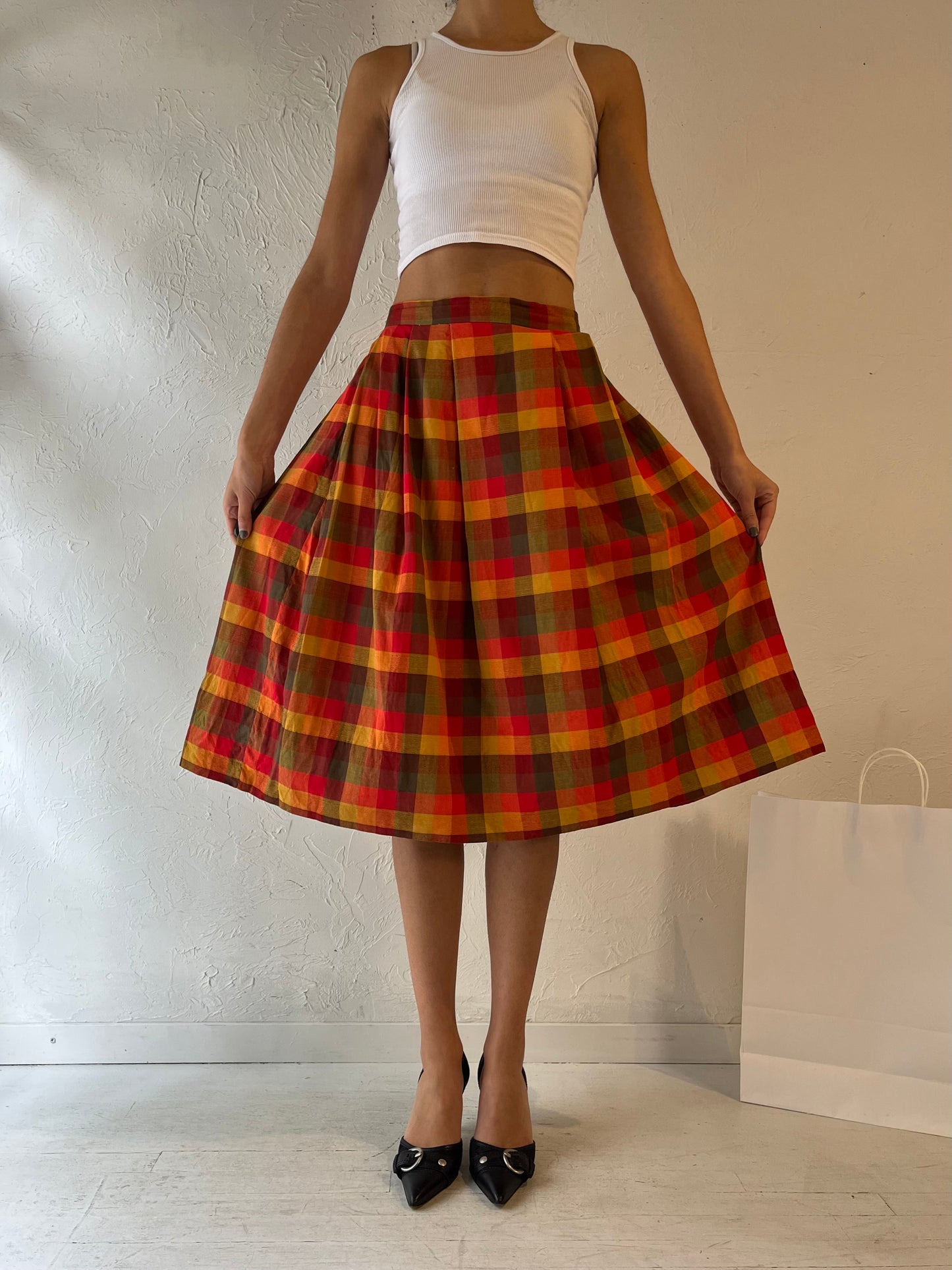 Vintage Red Plaid Midi Skirt / Small