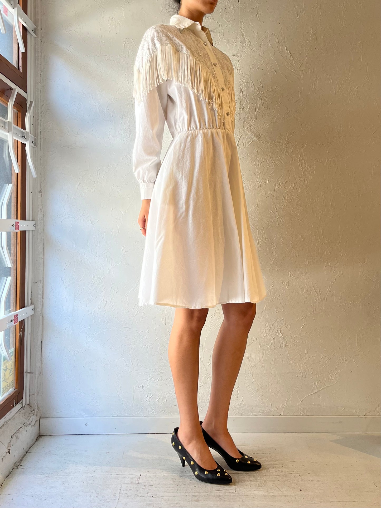 80s 'Lila Suilty' White Fringe Western Dress / Small
