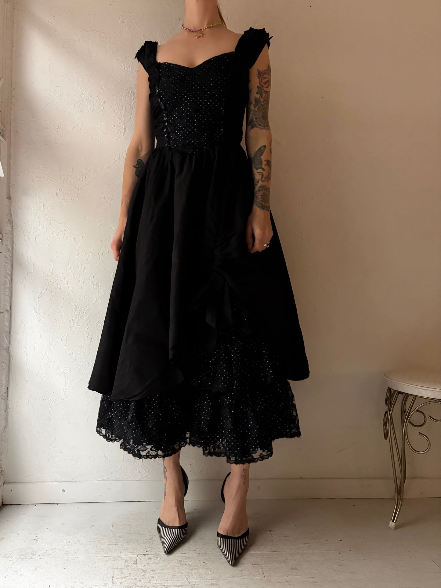 80s 'Gunne Sax' Black Sequin Formal Gown / Small