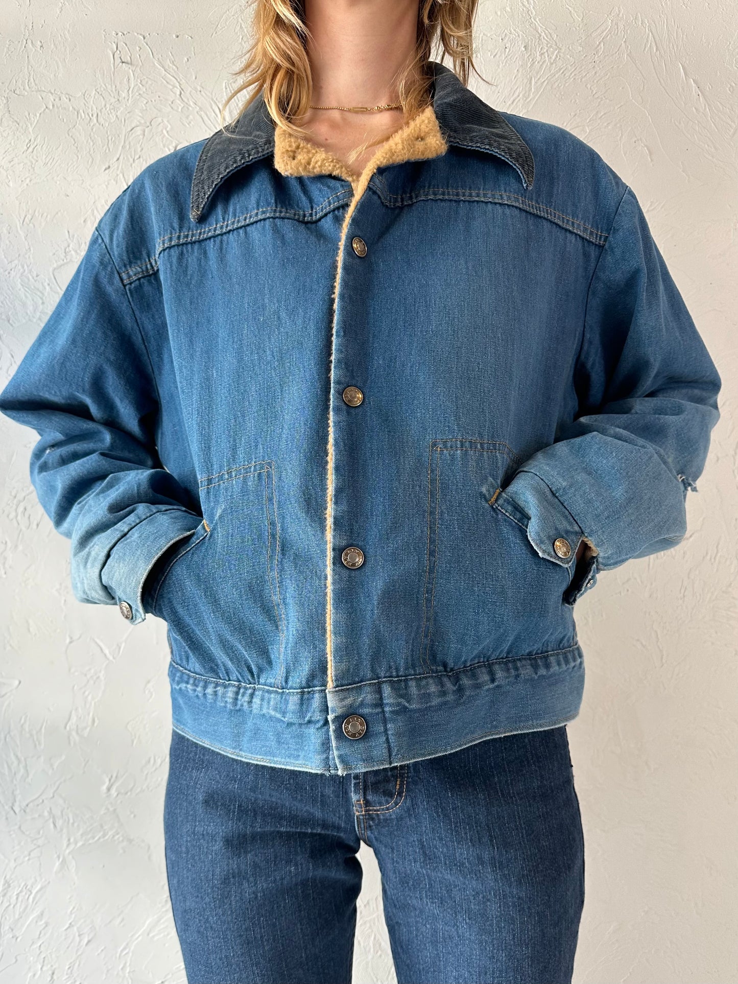 90s 'Ely' Faux Fur Cropped Denim Jacket / Large