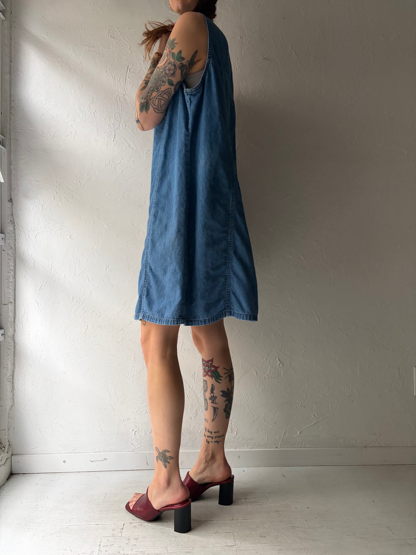 90s' Dixie Blue' Denim Western Button Up Mini Dress / Vintage Cowboy Summer dress / Large