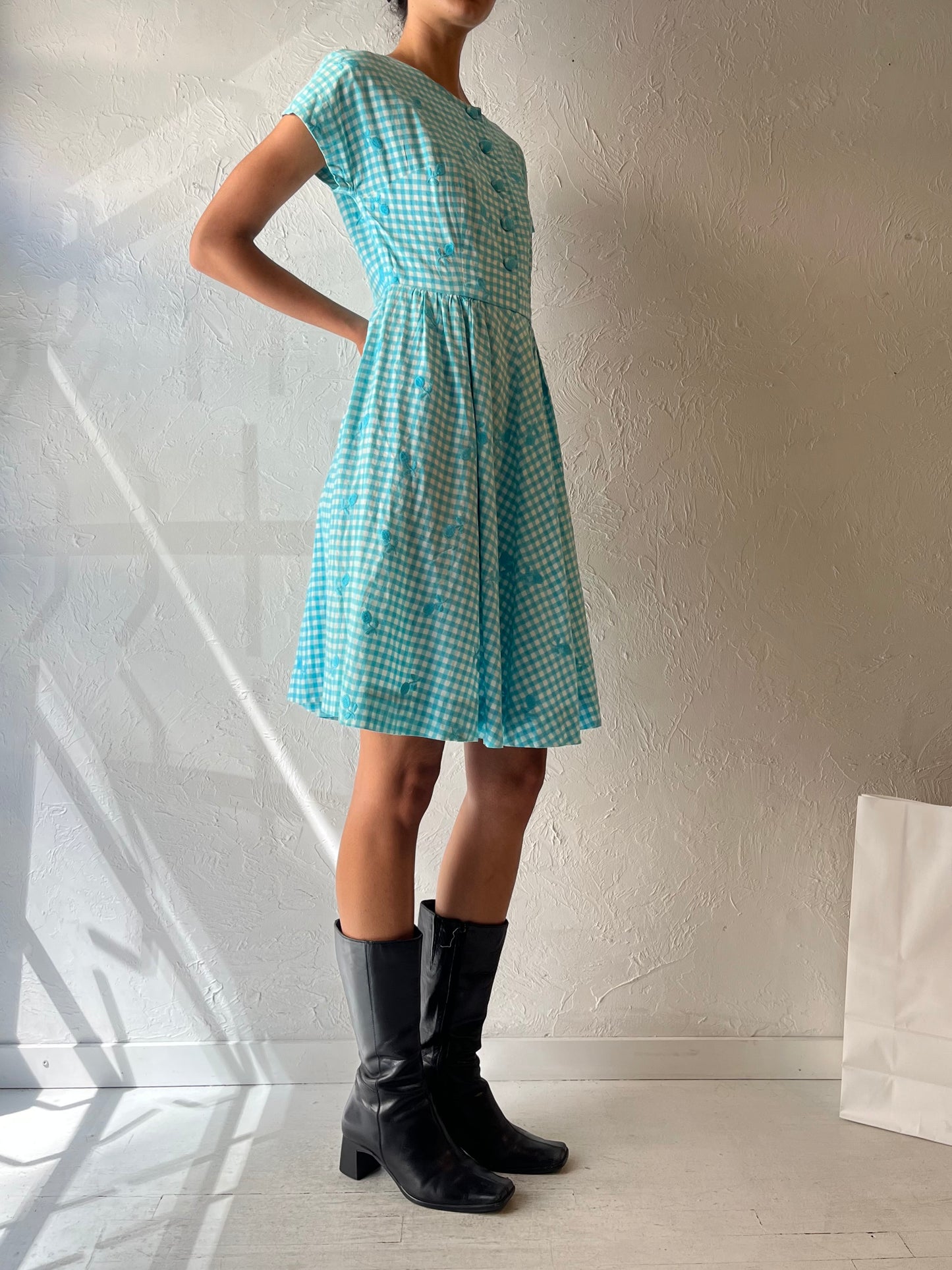 60s Handmade Blue Gingham Dress / Small