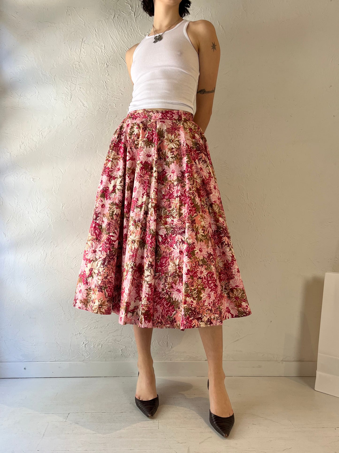 Vintage Handmade Pink Floral Midi Skirt / Small