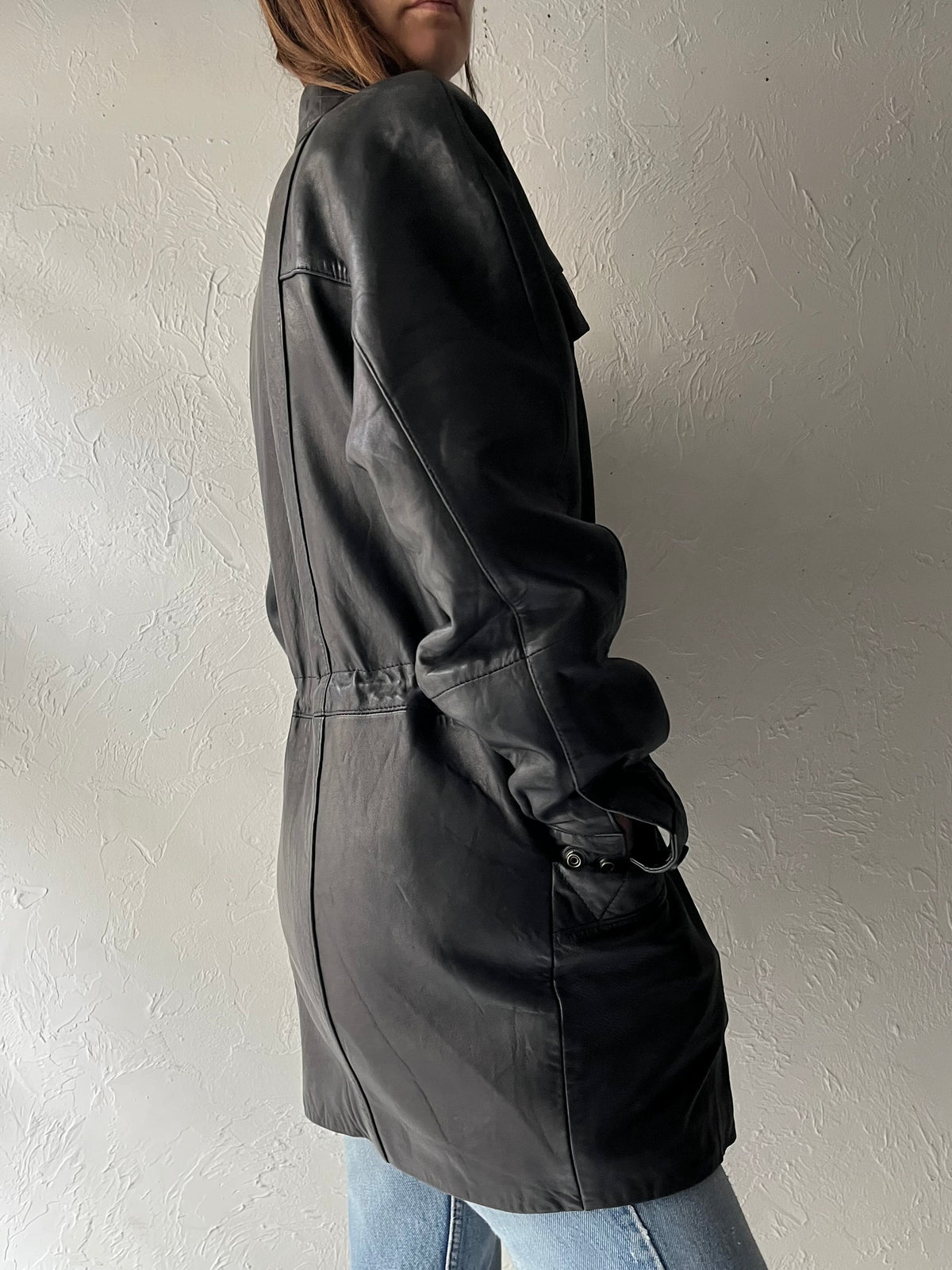 90s 'Danier' Drawstring Black Leather Jacket / XXS