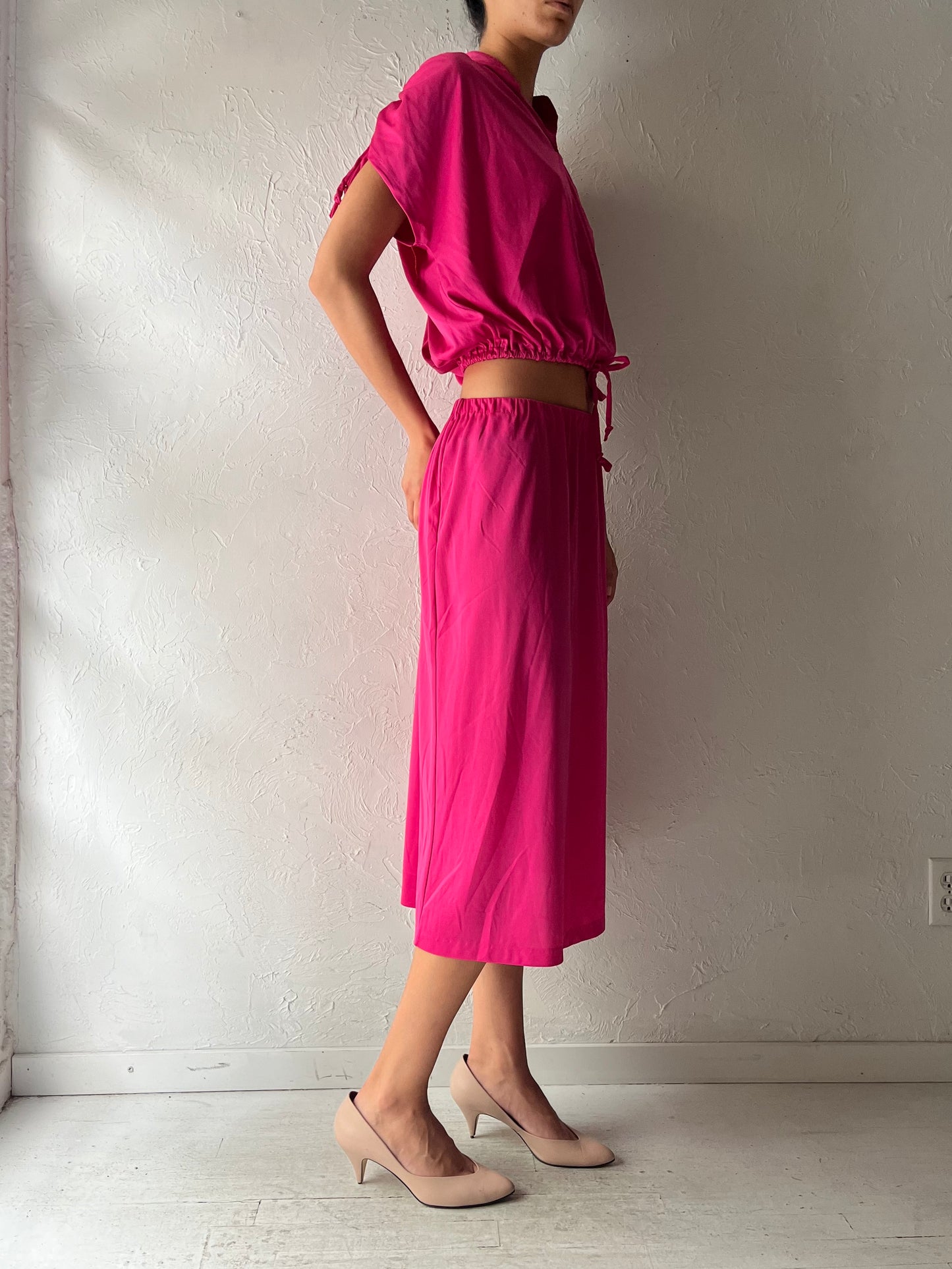 70s Hot Pink Two Piece Skirt Top Set / Small