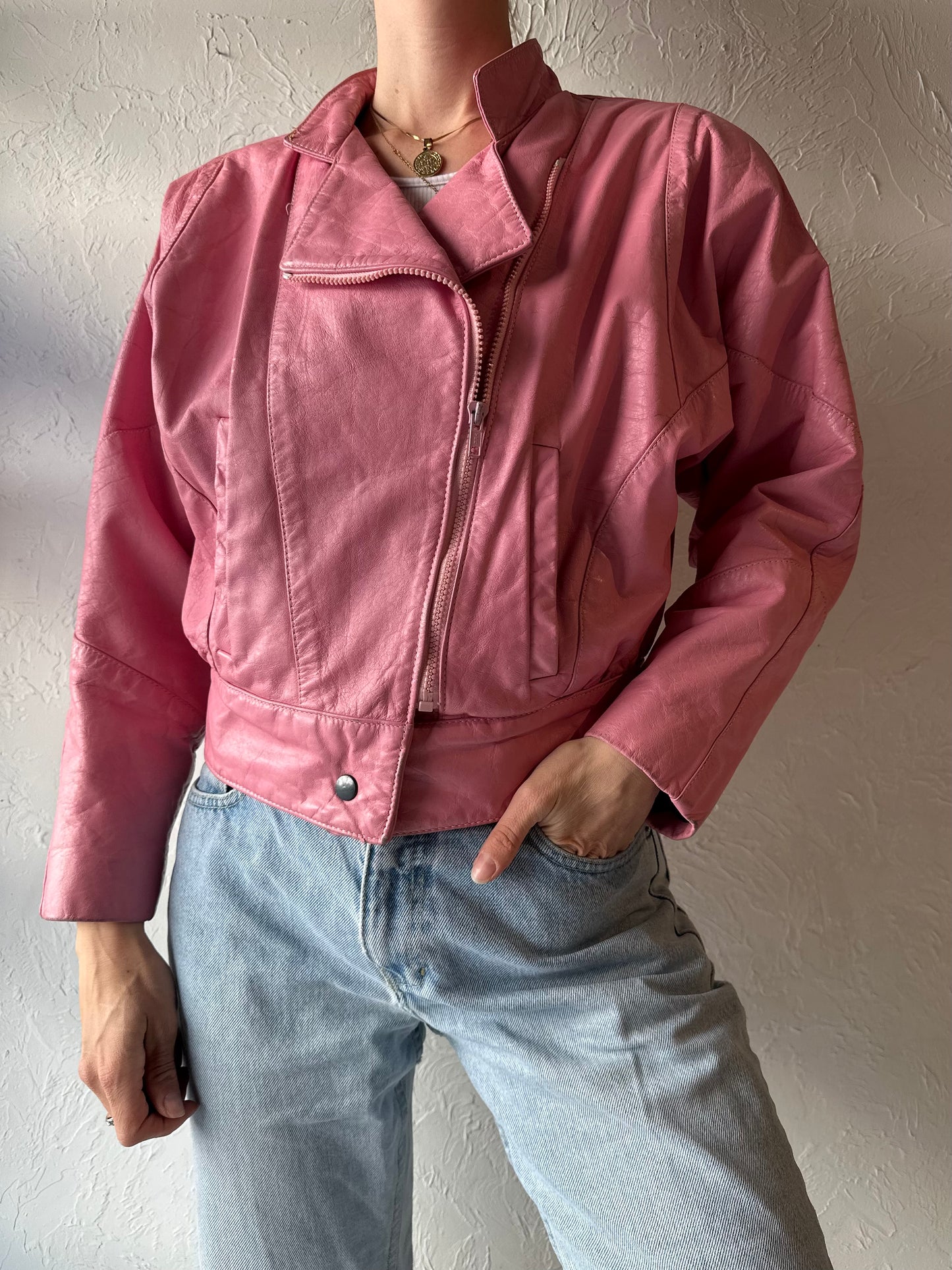 80s 90s 'Champion' Pink Leather Bomber Jacket / Small