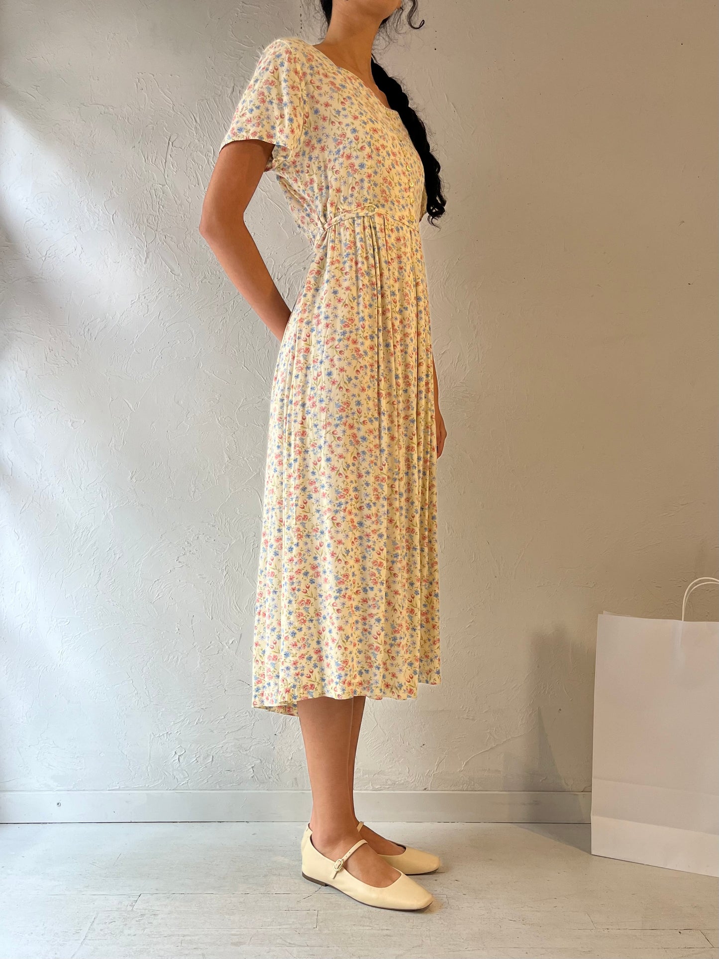 90s 'Erika' Pale Yellow Floral Print Rayon Dress / Medium