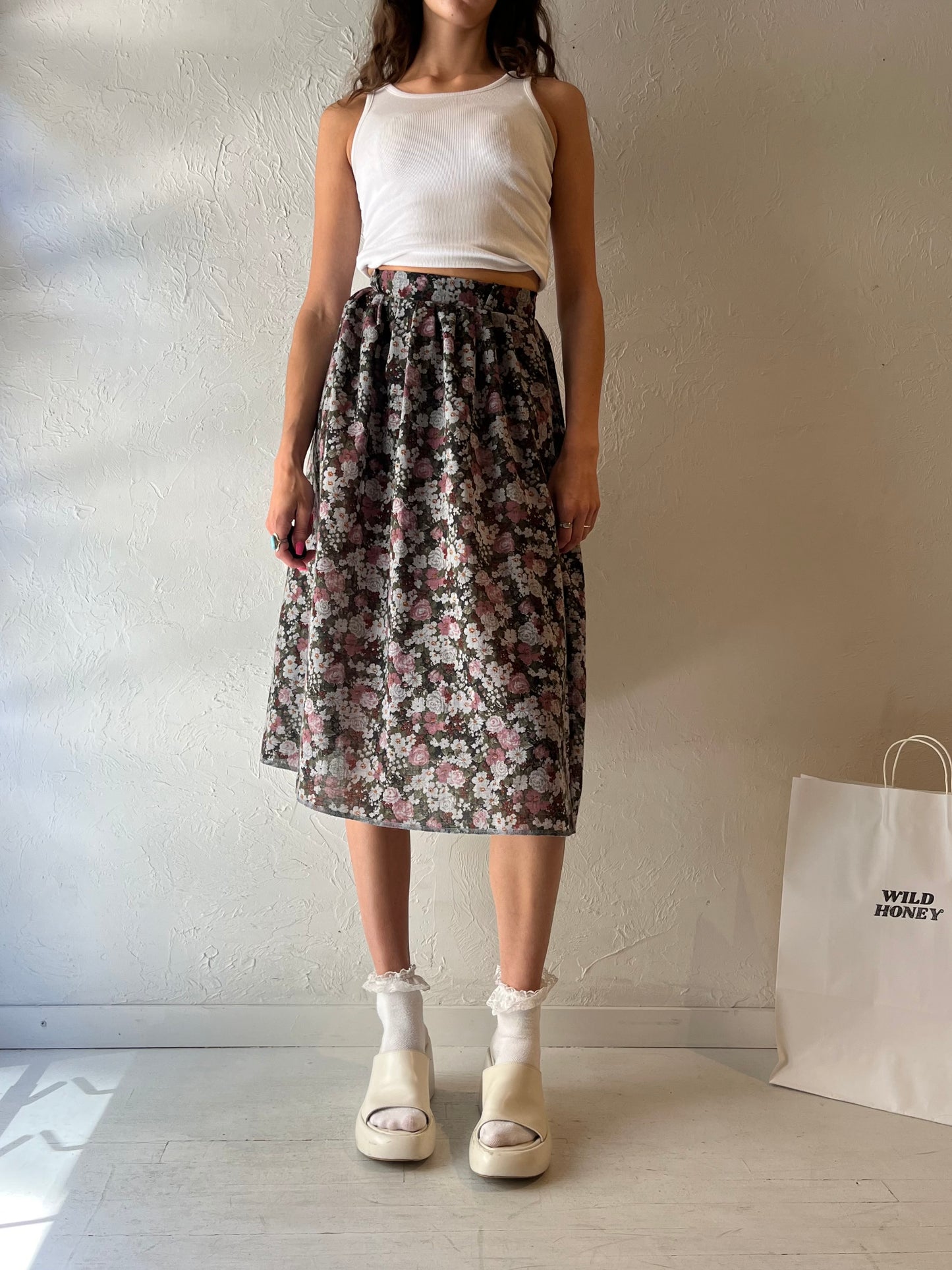 90s 'Billie Jo' Floral Print Midi Skirt / Small