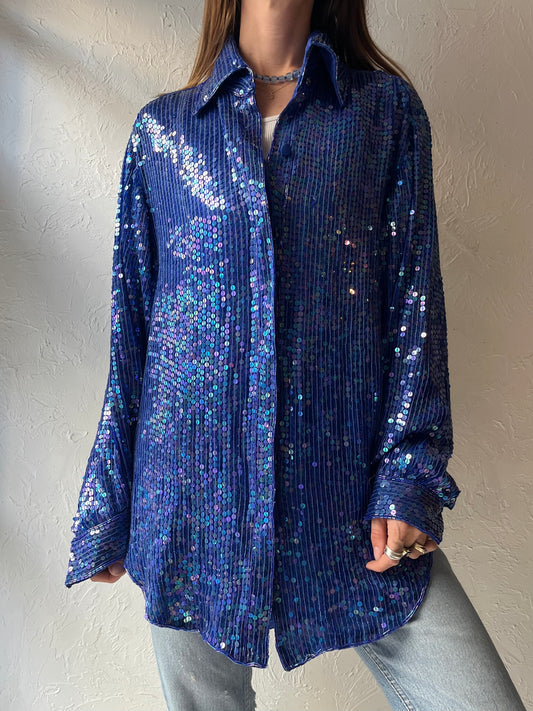 90s ‘VCI Designs’ Blue Sequin Silk Retro Disco Party Oversized Blouse / Meidum