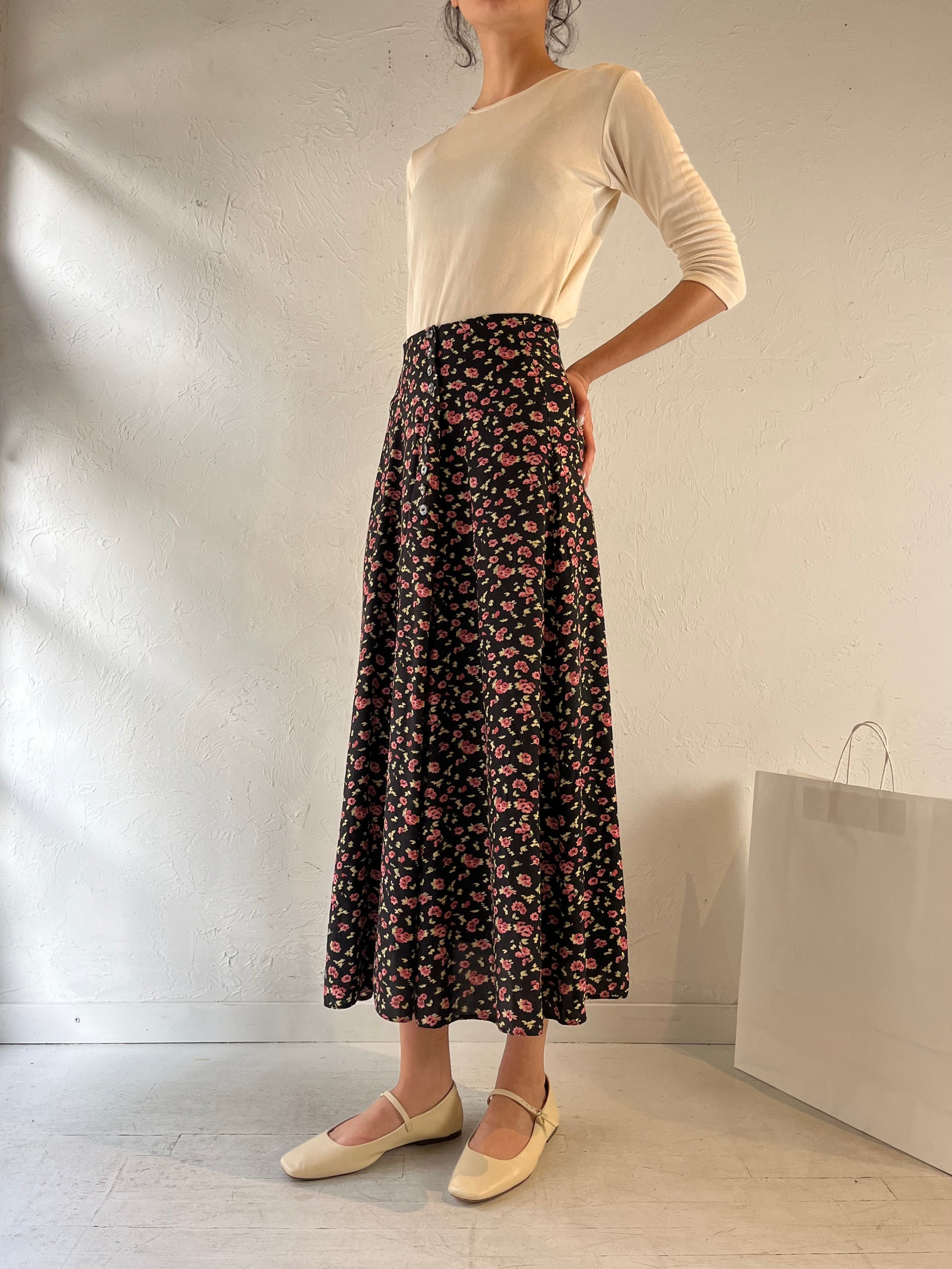 Vintage Floral Print Maxi Skirt / Small