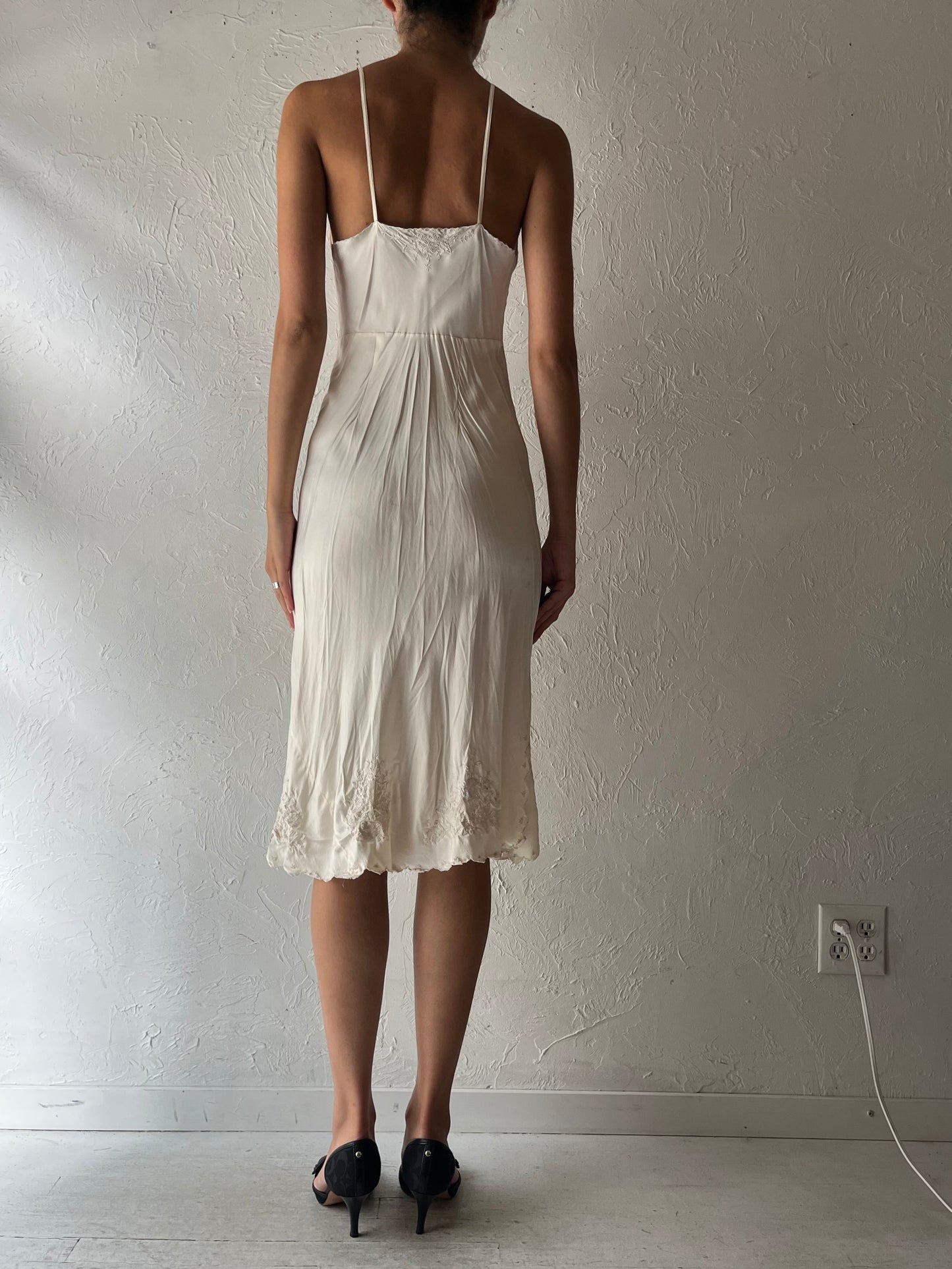 Vintage White Embroidered Romantic Boho Bridal Slip Dress / Cottagecore Prairie Summer Midi Dress / Small