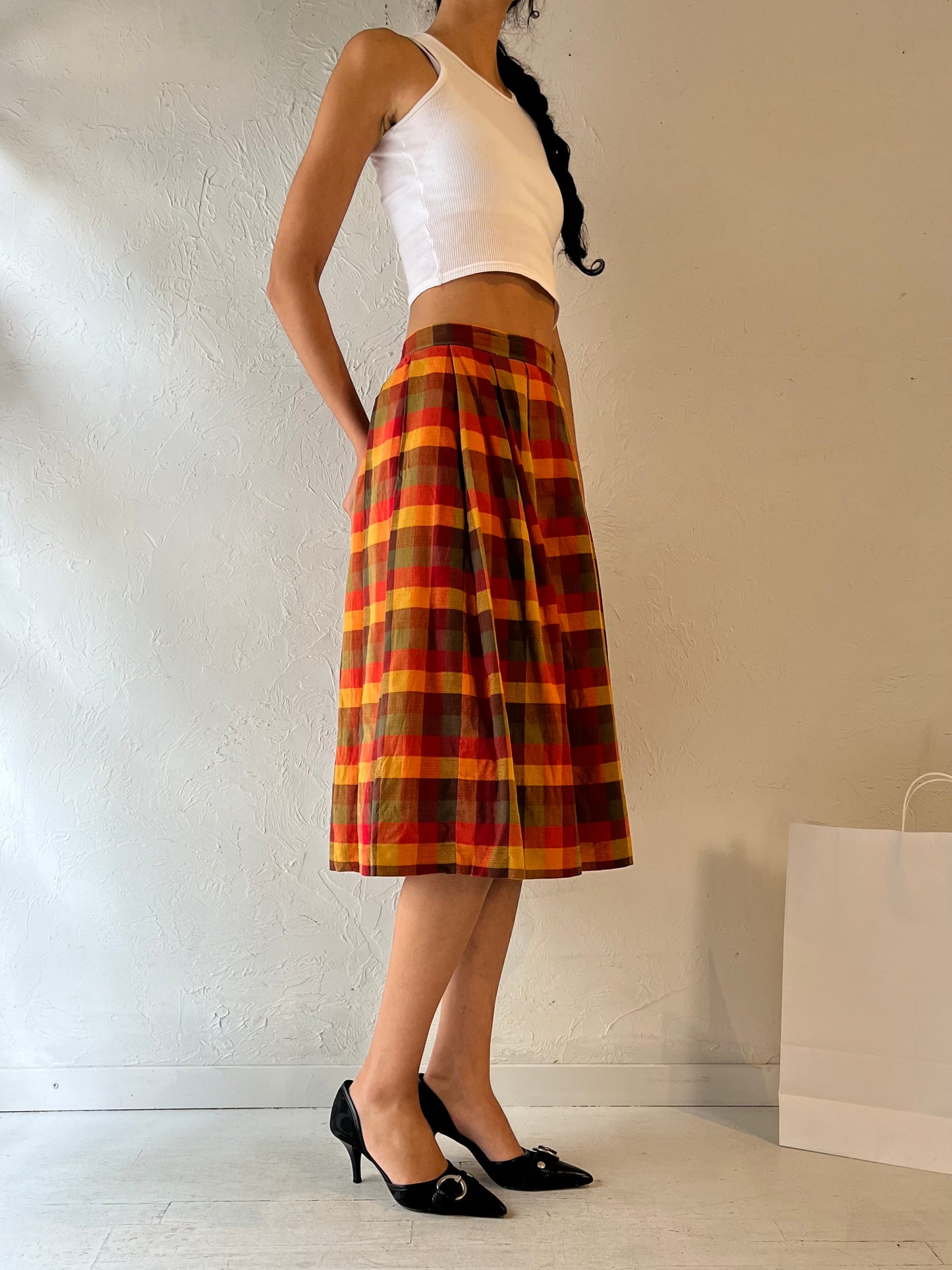 Vintage Red Plaid Midi Skirt / Small