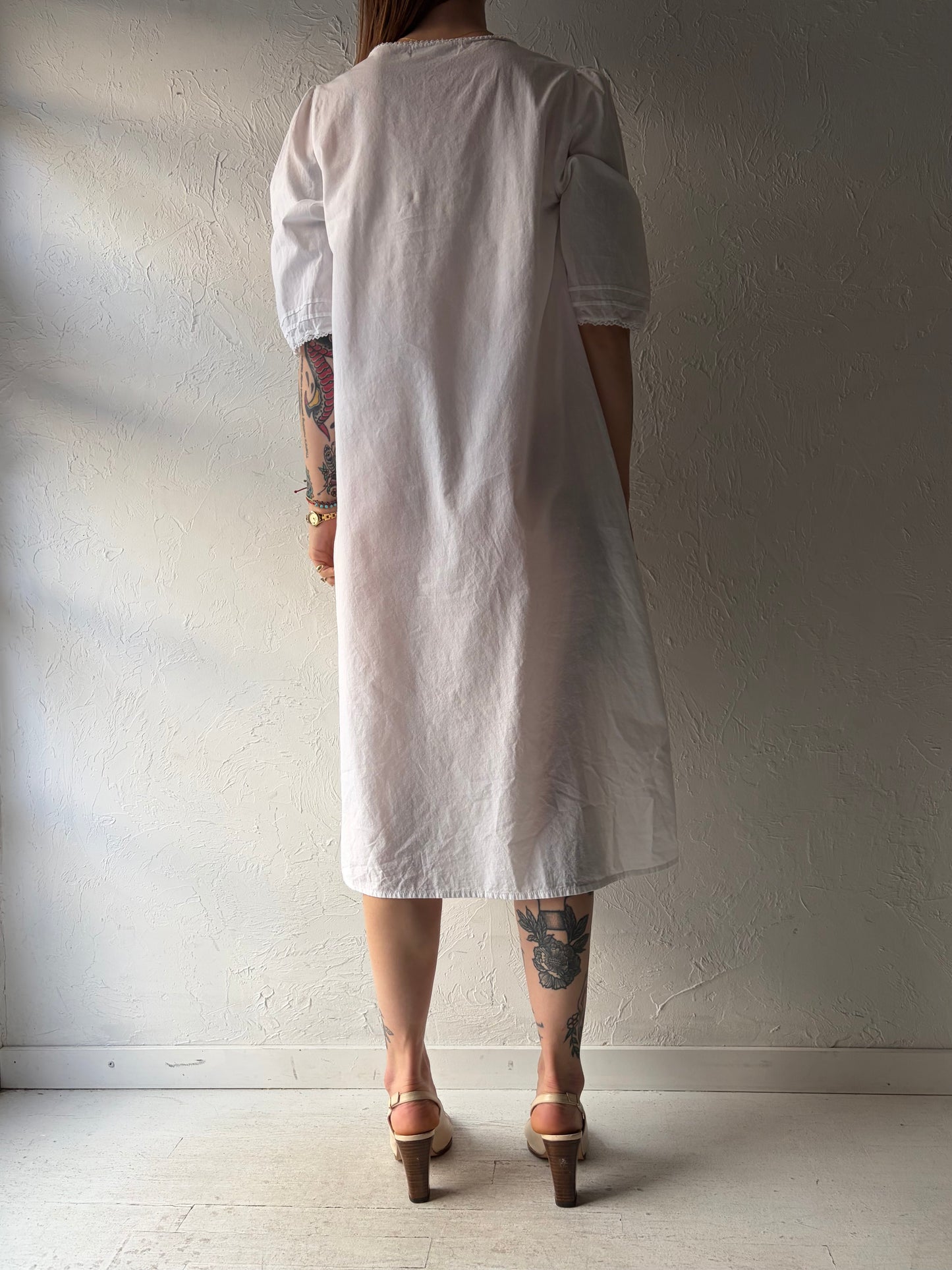 Vintage 'Victoriana' White Cotton Midi Dress / Small