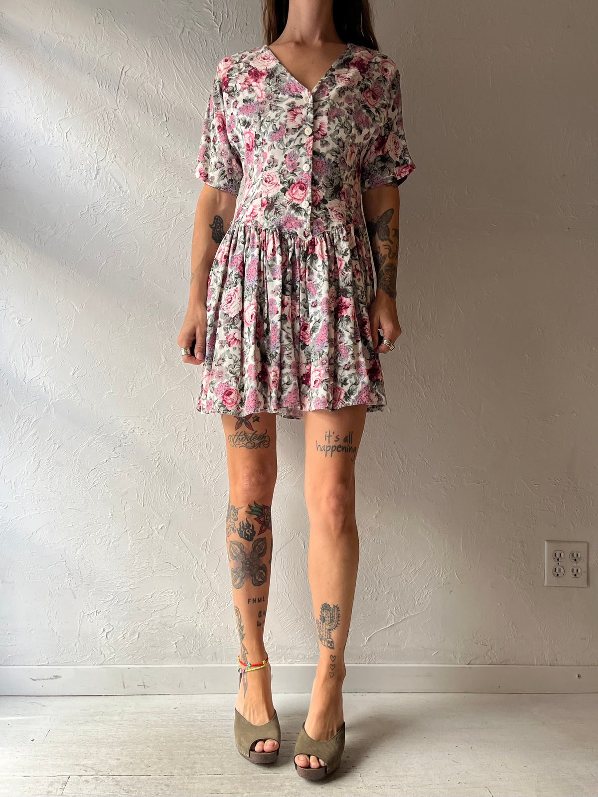 90s 'Pelican Cove' Pink Floral Cottagecore Babydoll Romantic Mini Dress / Small - Medium