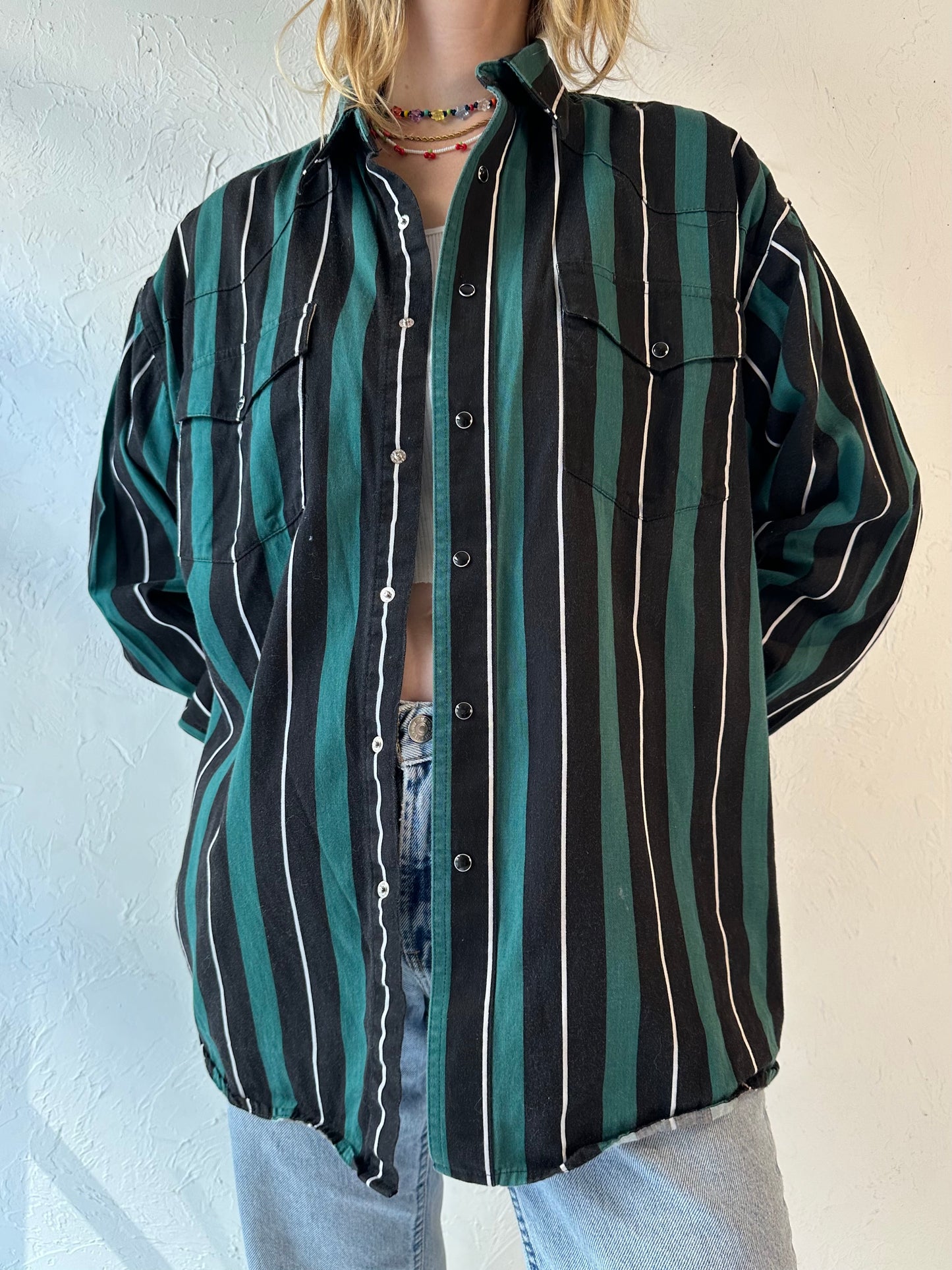 Vintage 'Wrangler' Striped Cotton Western Black Snap Shirt / XL