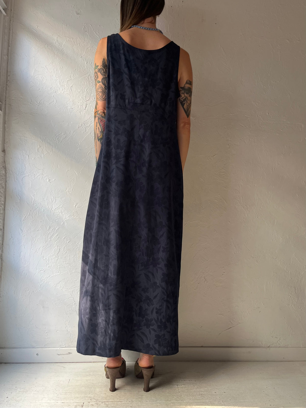 90s ‘CDC Caren Desiree’ Navy Floral Jacquard Minimalist Grunge Maxi Dress / Meidum