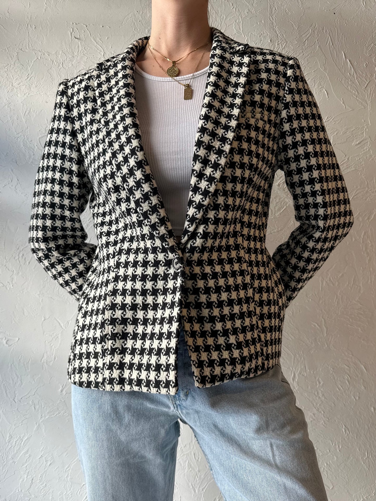 90s 'Larry Levine' Knit Houndstooth Blazer Jacket / Medium