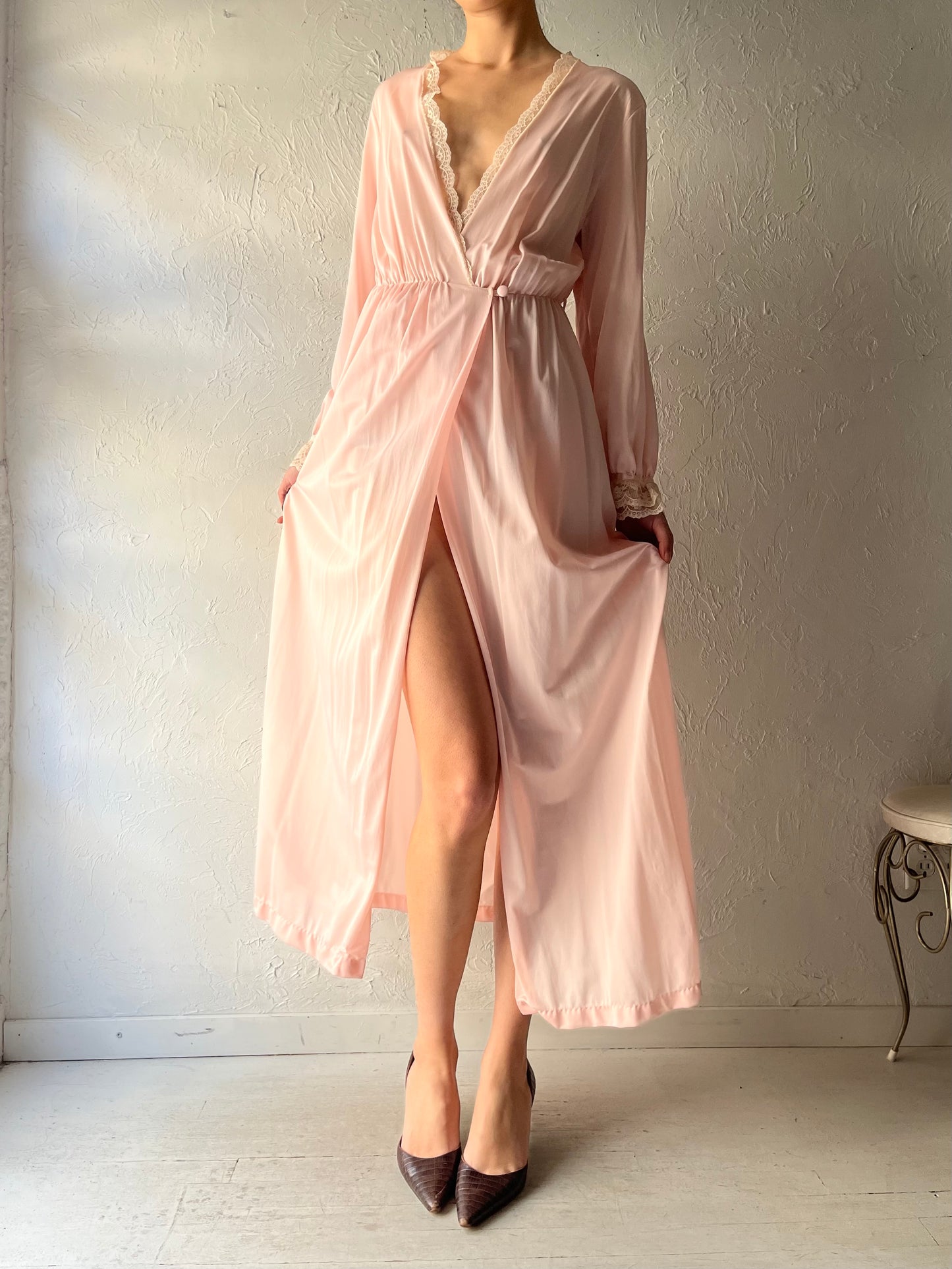 80s 'Avon' Romantic Pink Nylon Robe Slip Dress / Small