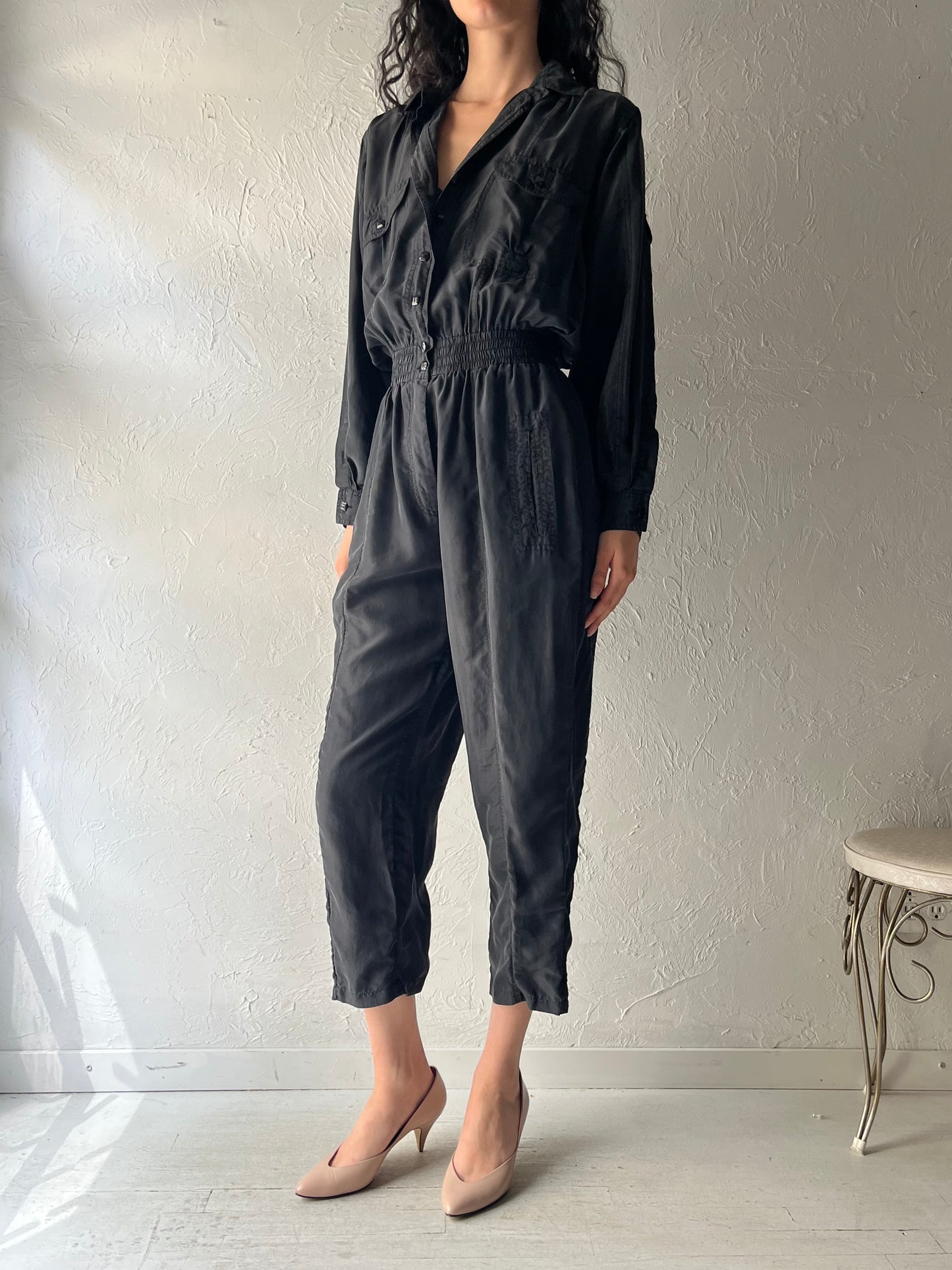 90s 'Sandwash' Black Retro Silk Jumpsuit / 1990s Minimalist One Piece / Small