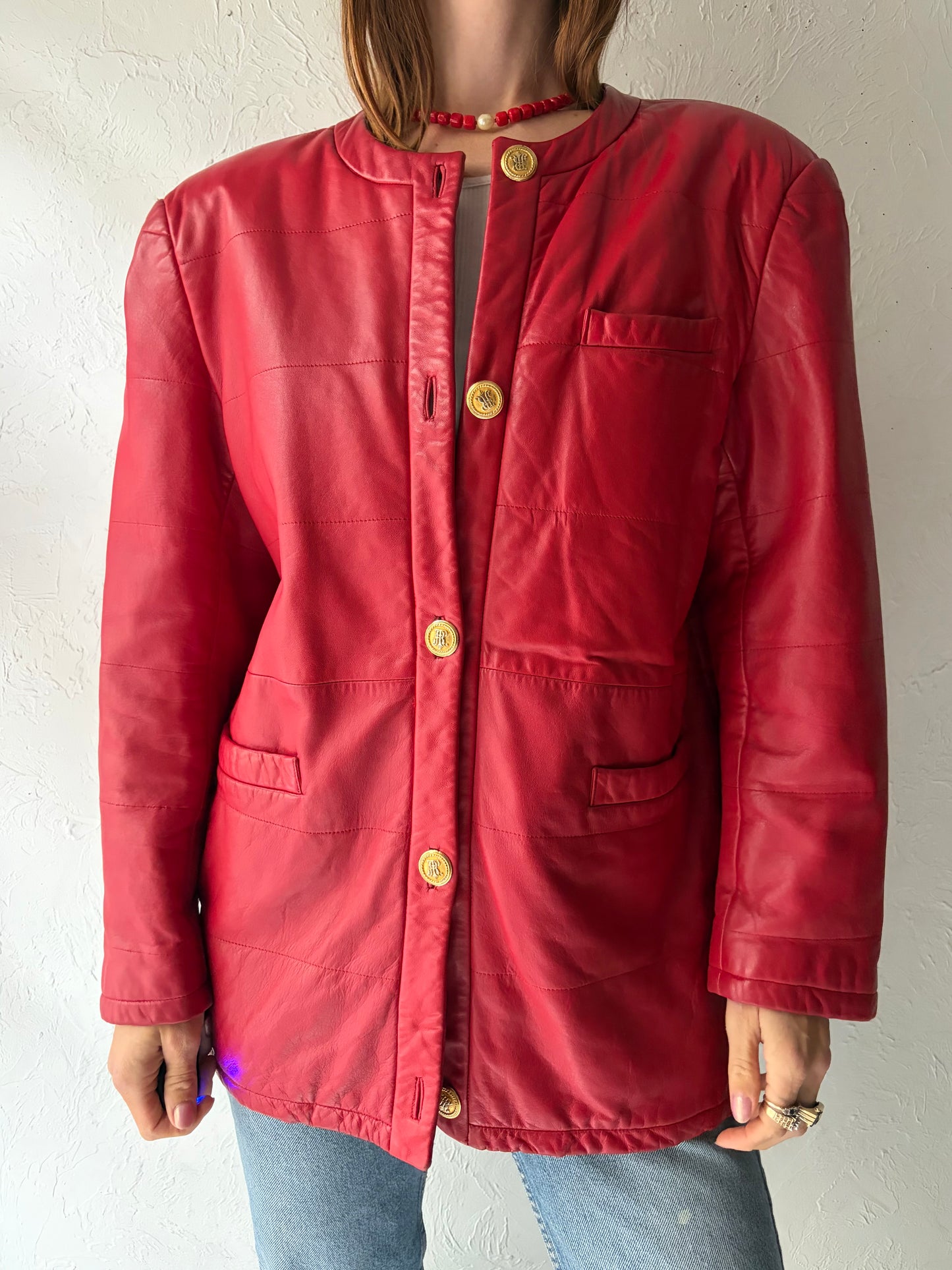 80s 'Rope' Red Leather Jacket / Medium