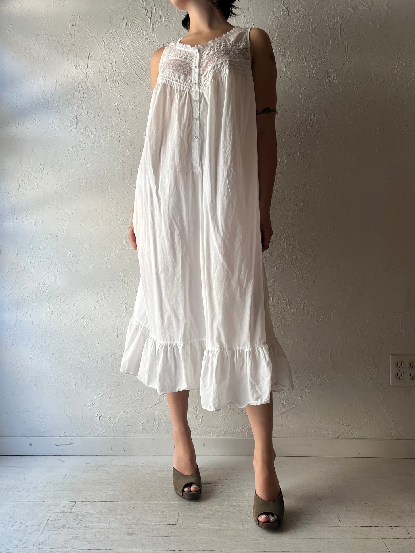 90s 'St Michael' White Cotton Nightgown Dress / Romantic Cottagecore Summer Nighty / Large