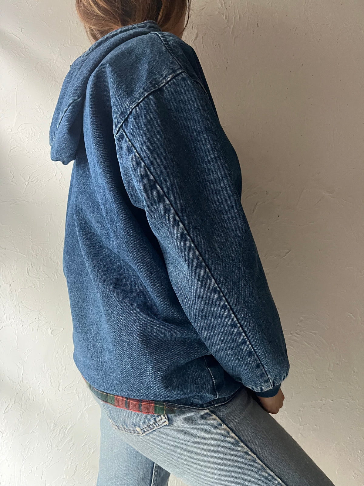 90s 'Bay Club' Plaid Lined Hooded Denim Bomber Jacket / Small