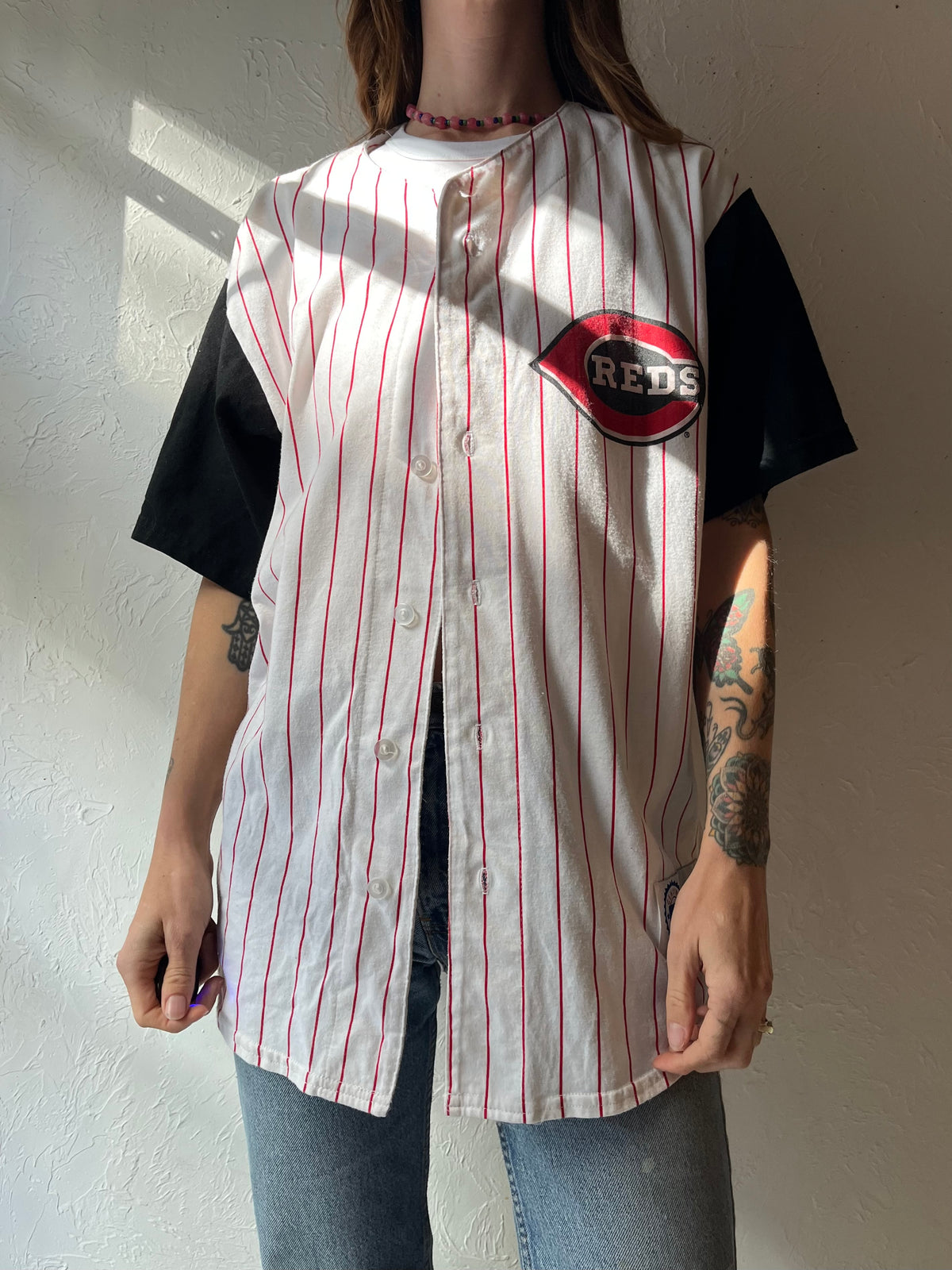 Y2K 'Majestic' Cincinnati Reds Ken Griffey Jr #30 Baseball Jersey Pinstripe Button Front Shirt, MLB Sportswear / Medium