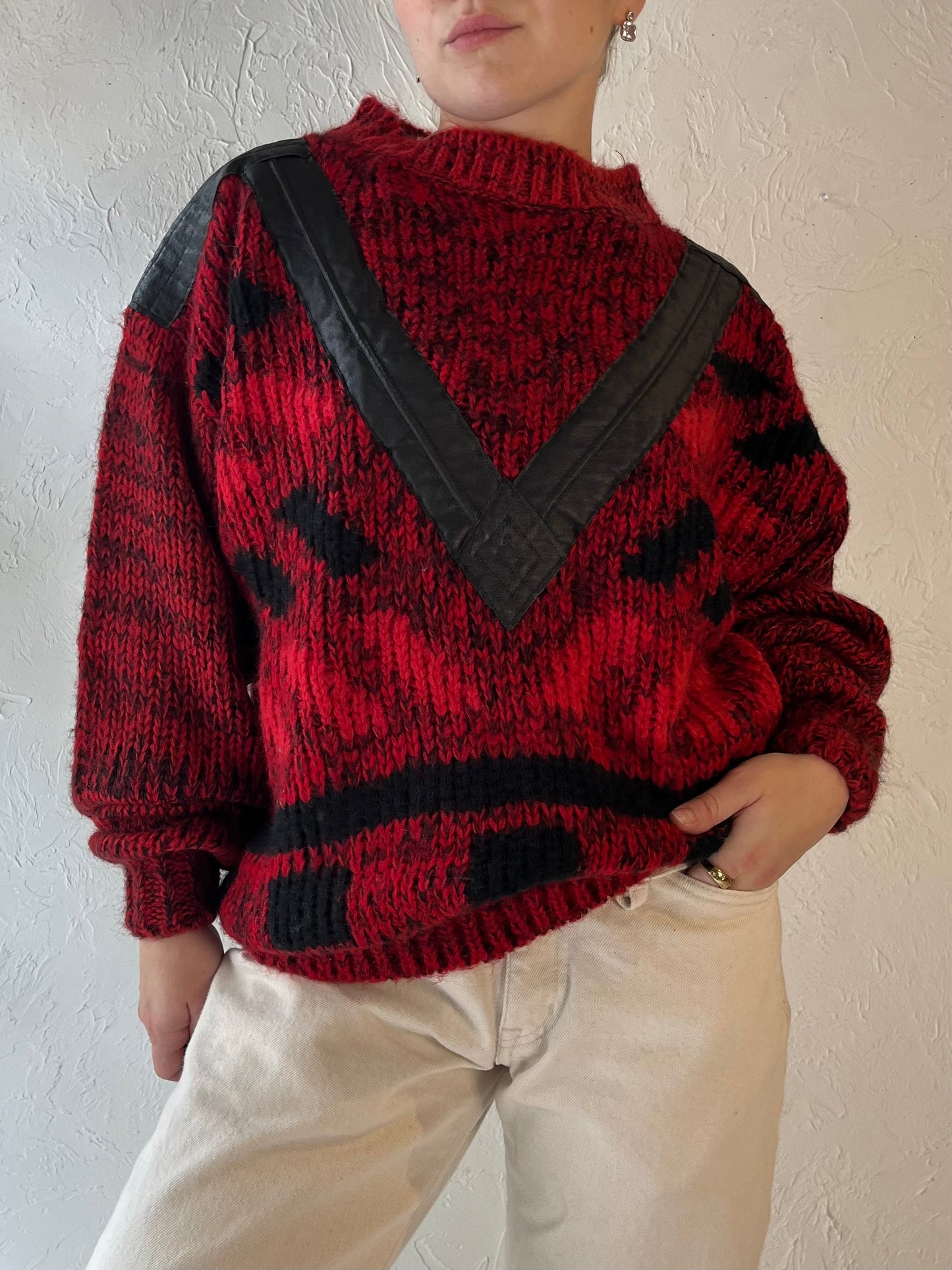 90s 'Front Line' Red Acrylic Knit Sweater / Medium