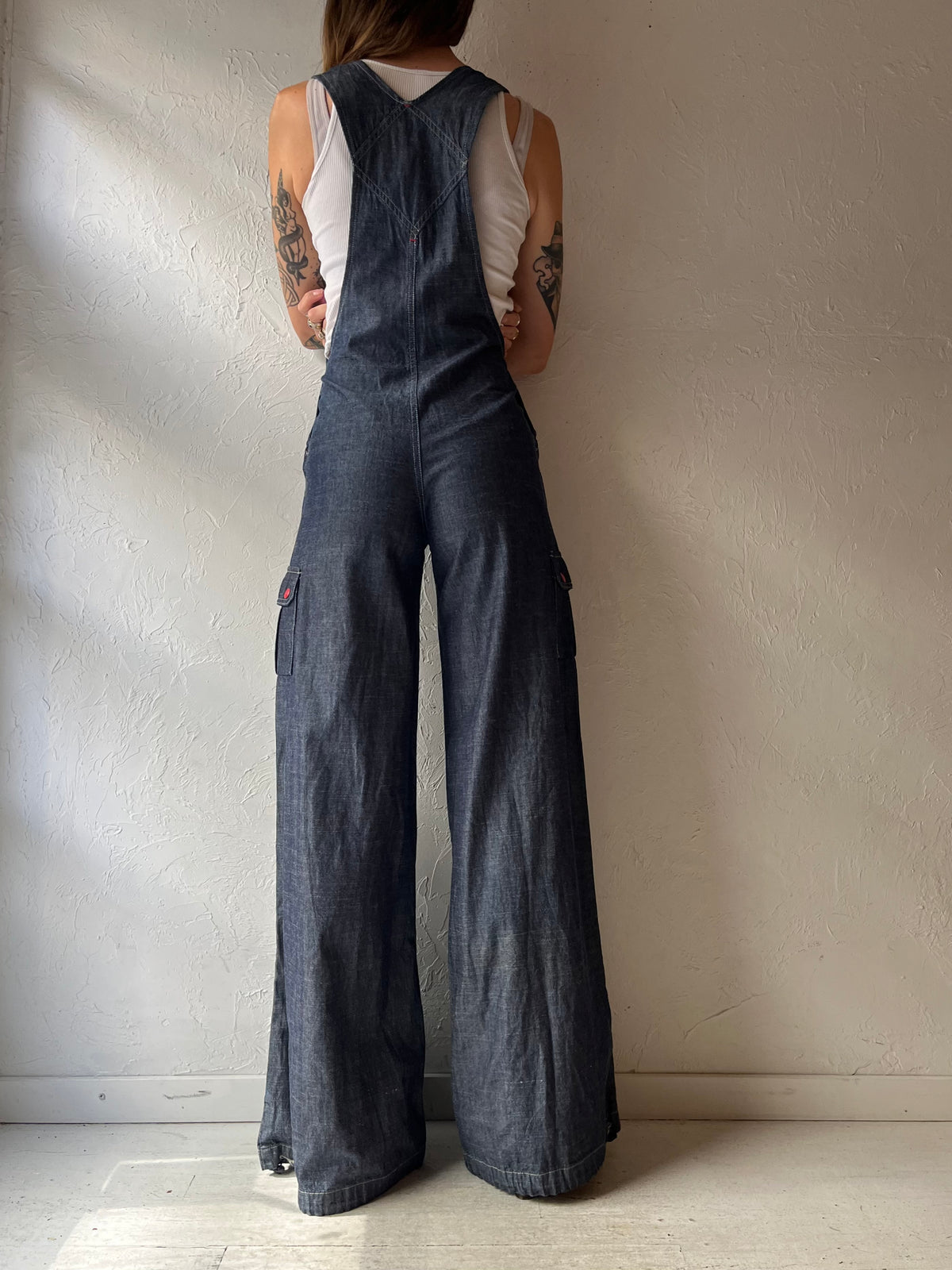 Y2K Dark Wash Denim Utility Grungecore Wide Leg Overalls / Small