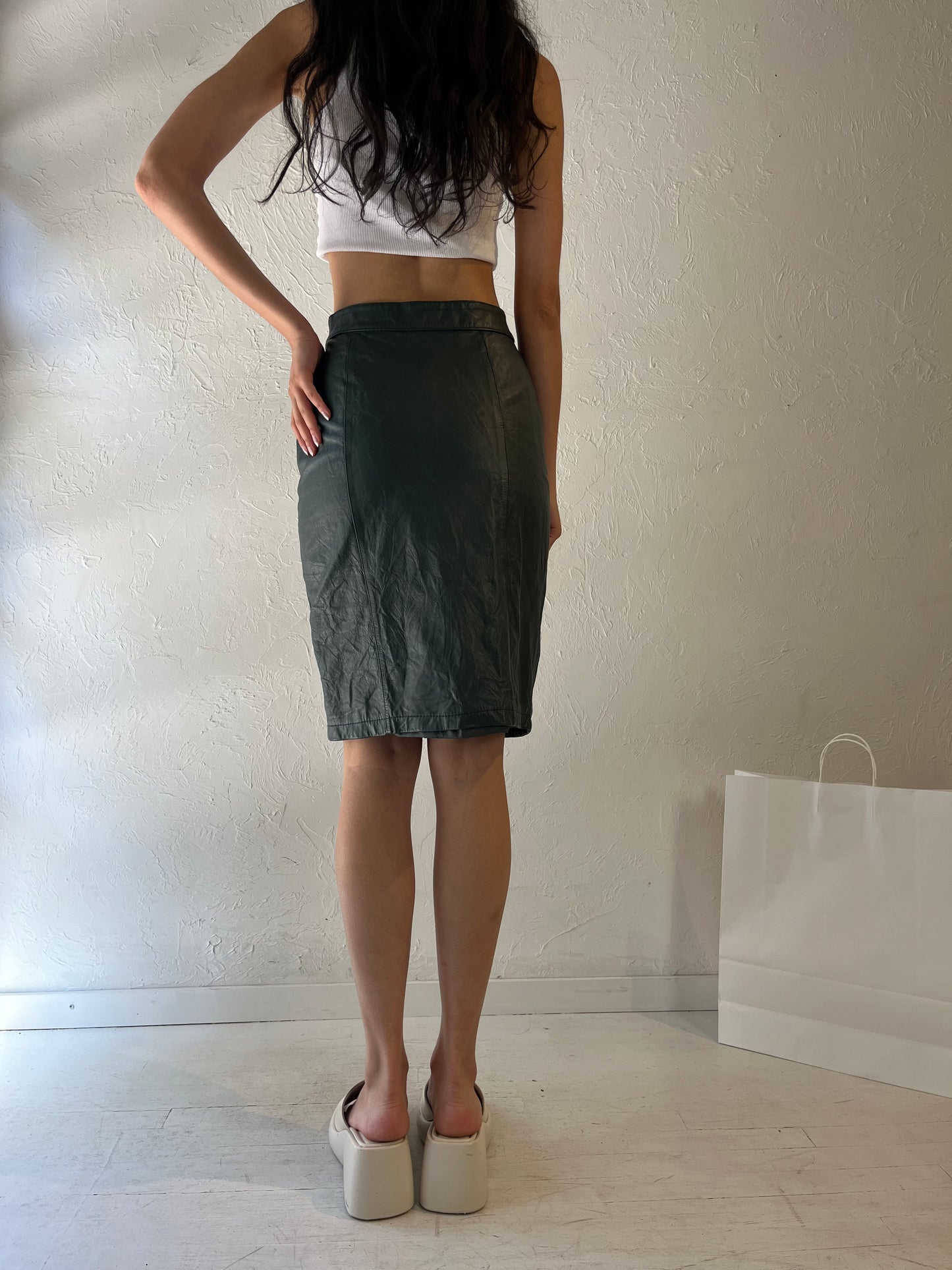 90s 'Cayenne' Green Leather Midi Skirt / Small