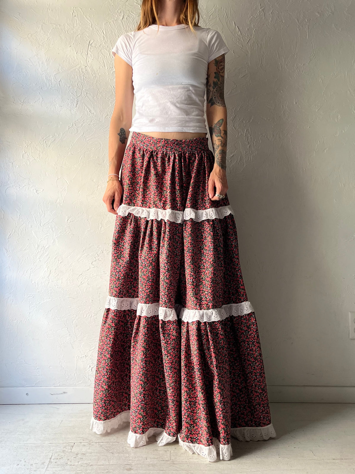 Vintage Handmade Floral Prairie Cottagecore Western Teared Maxi Skirt / Medium