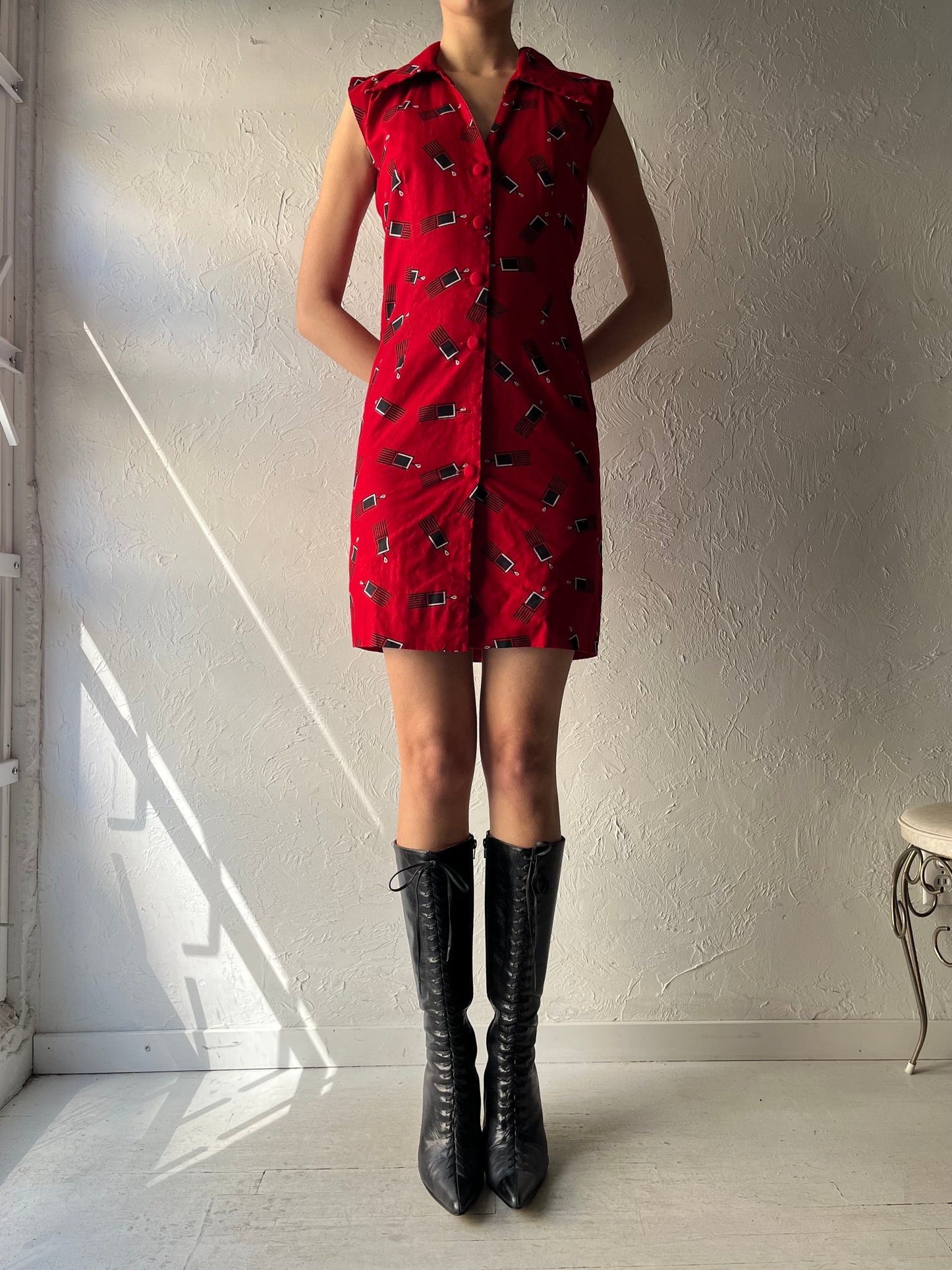 80s Red Patterned Collared Western Button Up Mini Dress / Small