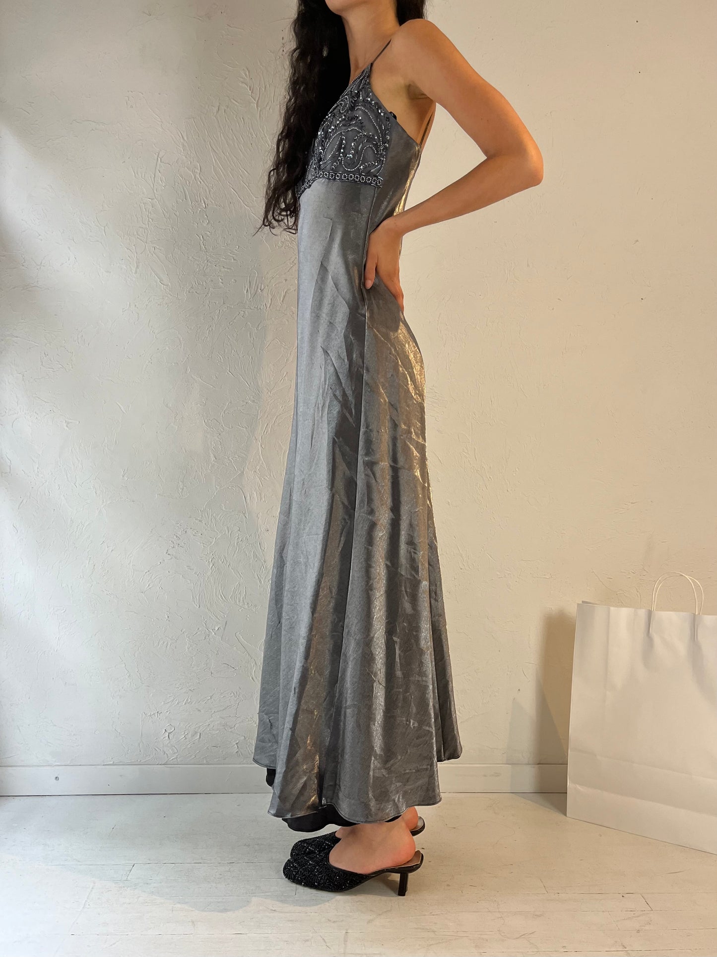 90s 'Faviana' Silver Formal Dress / Small