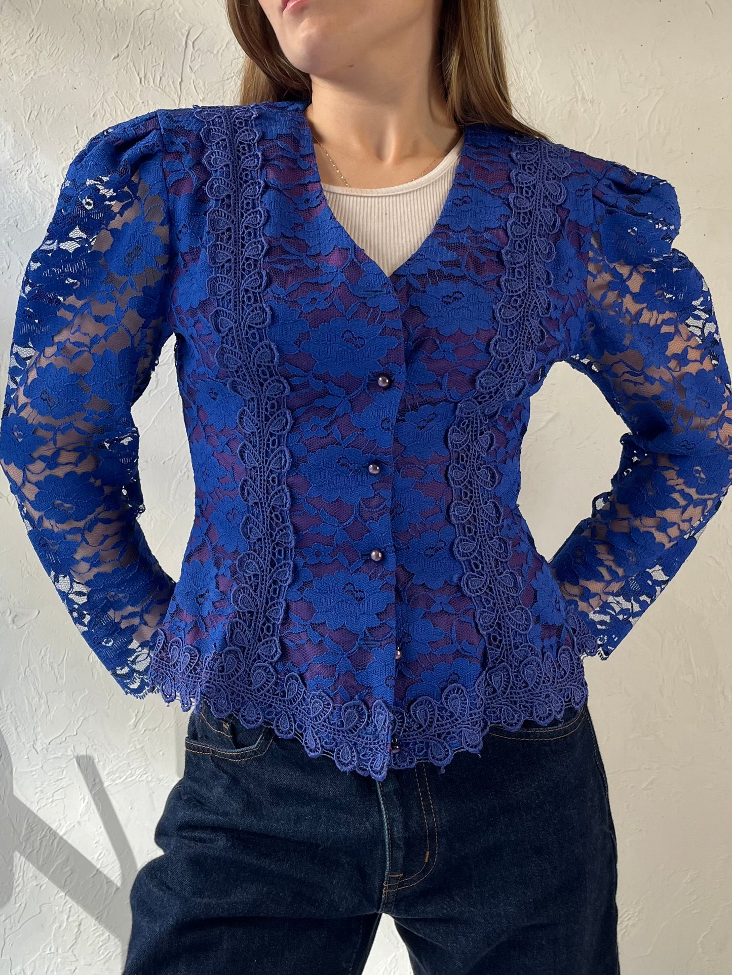 80s ‘Lori Ann’ Blue Lace Jacket / Small