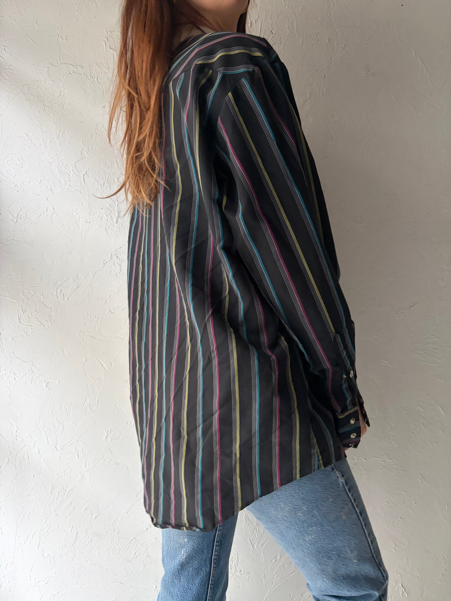 70s 'Ranch Wear' Black Striped Western Snap Up Shirt / Vintage 1970s Cowboy Workwear Shirt / Large