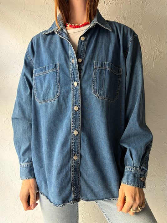 90s 'St. John's Bay' Blue Denim Minimalist Buttons Up Shirt / 1990s Classic Workwear Jean Shirt / Large