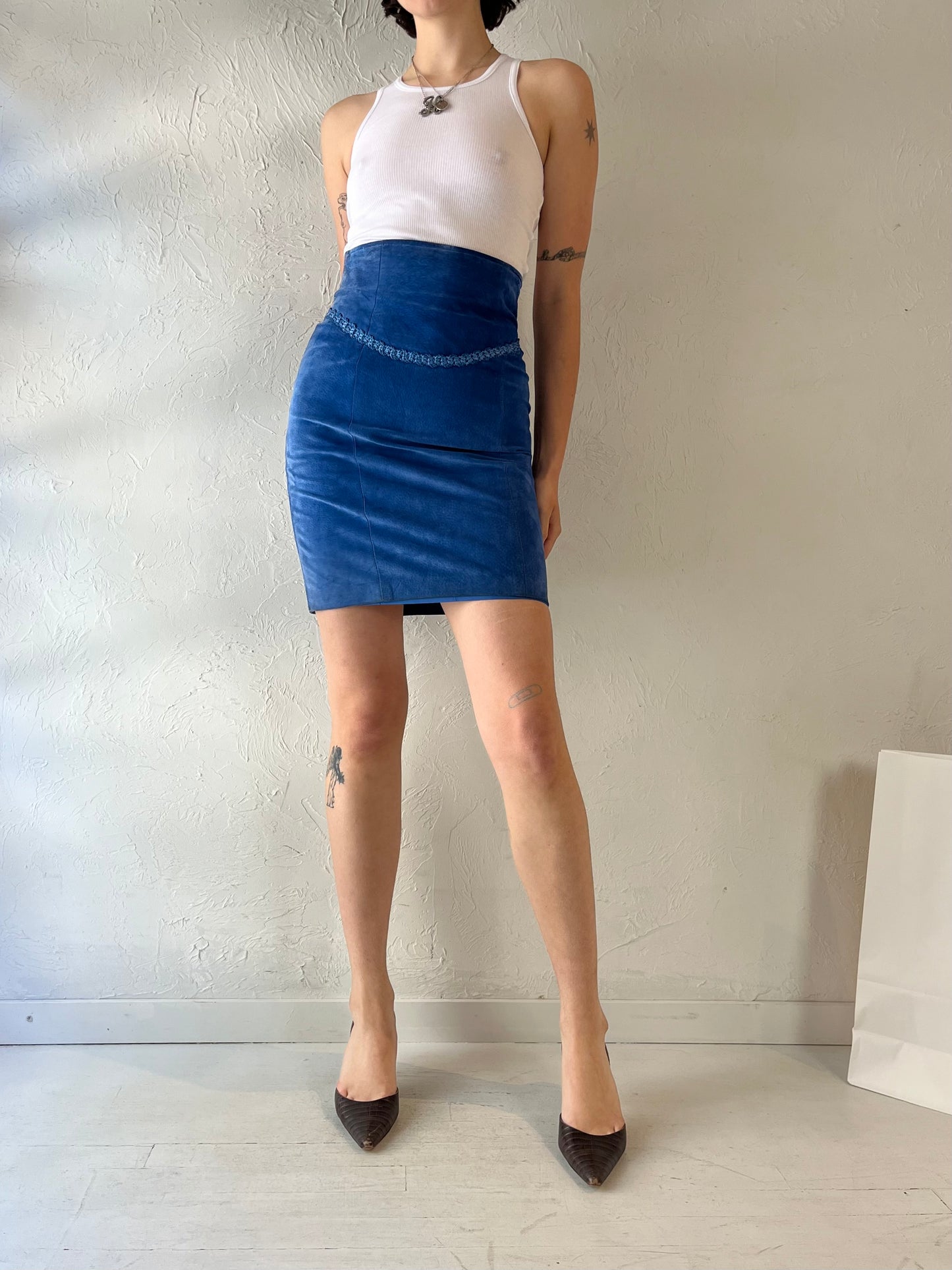 90s 'Danier' Blue Suede Pencil Skirt / Small