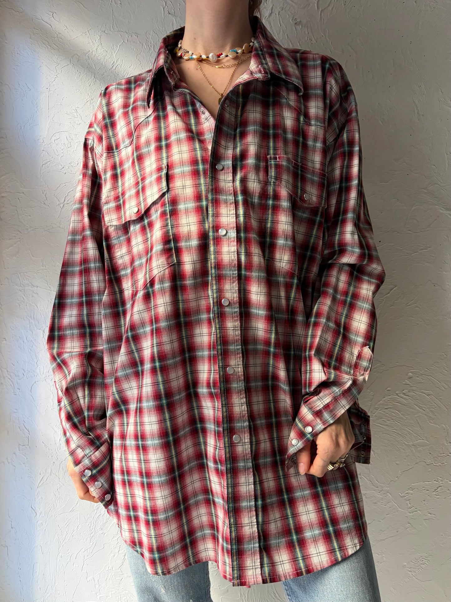 Y2k 'Wrangler' Red Plaid Snap up Western Shirt / XL