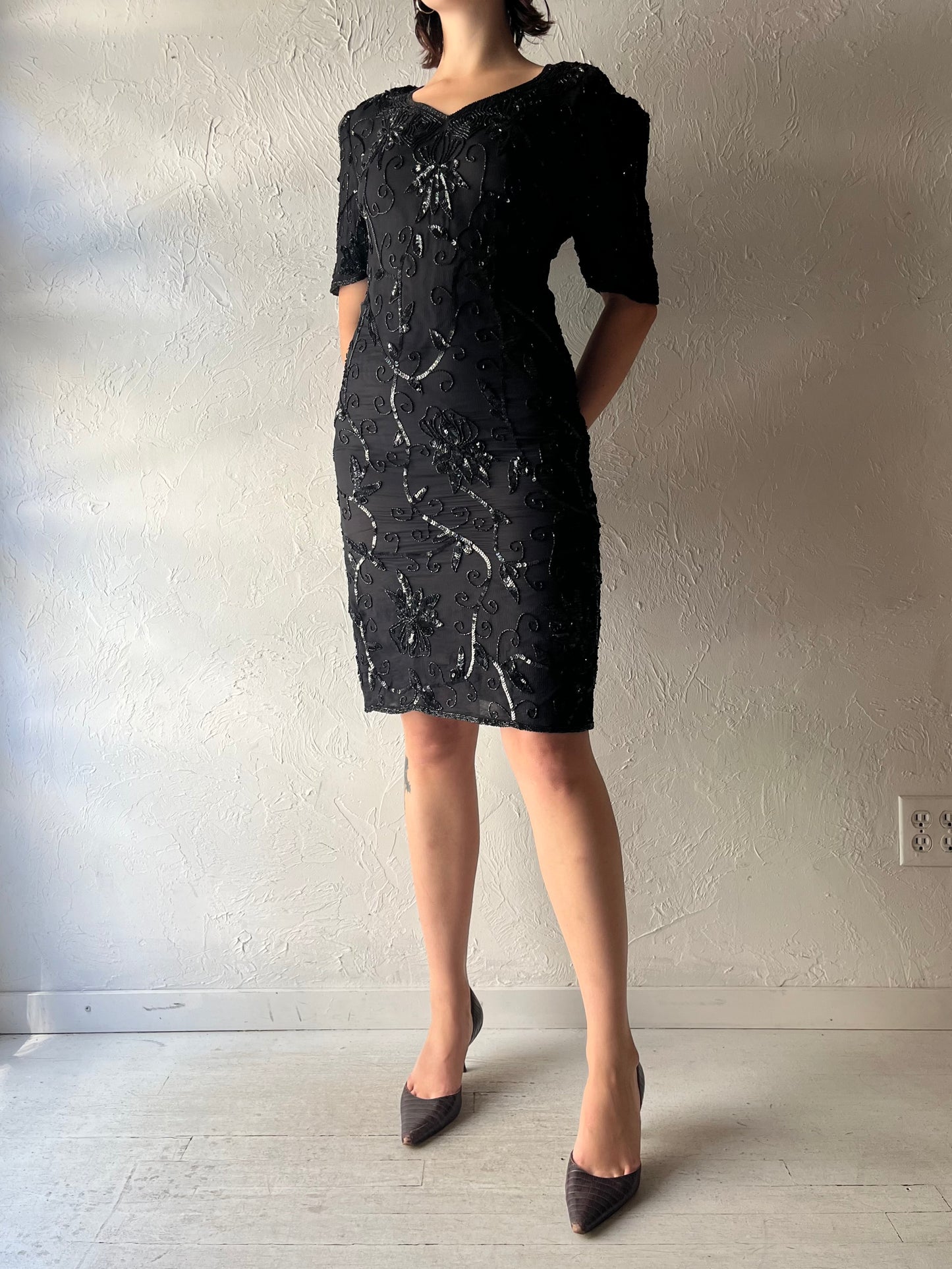 90s Retro Black Sequence Silk Mini Party Dress / Vintage 1990s Holiday Cocktail Formal Dress / Medium