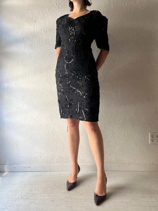 90s Retro Black Sequence Silk Mini Party Dress / Vintage 1990s Holiday Cocktail Formal Dress / Medium