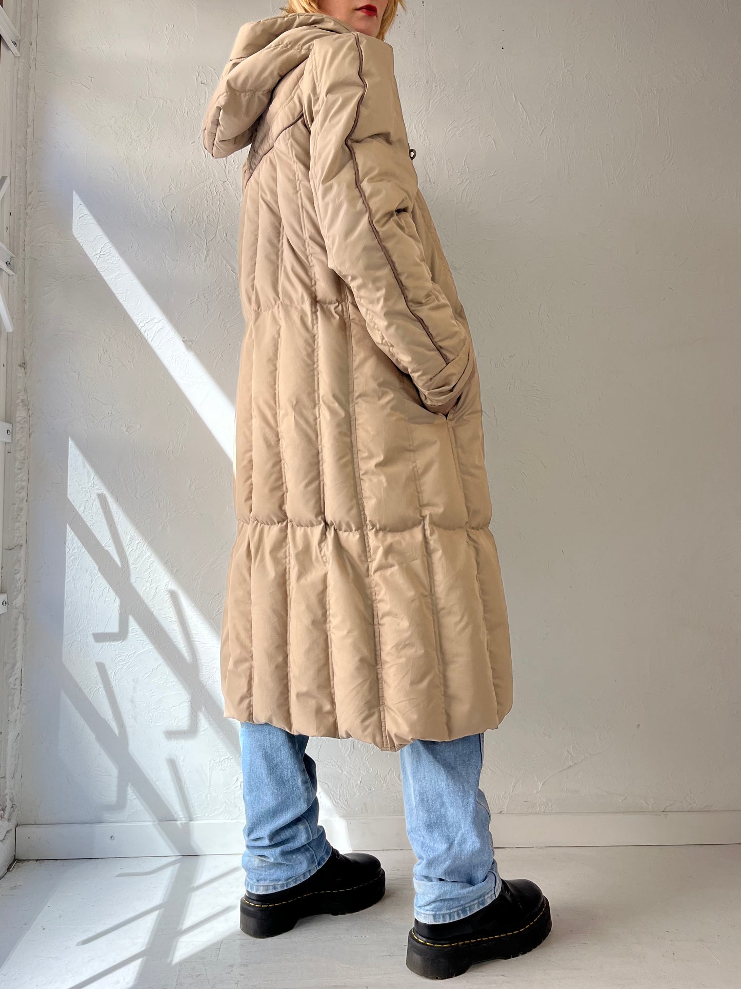 80s 90s 'Saxton Hall' Long Beige Down Puffer Coat Jacket / Medium