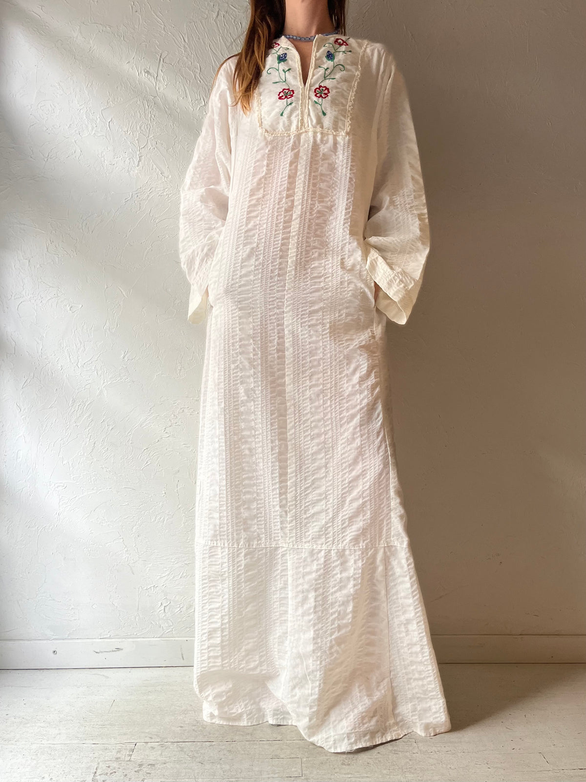 90s 'Lane Bryant' Cream Floral Embroidered Cottagecore Folk Festival Maxi Dress Vintage Bell Sleeve Boho Caftan / Medium