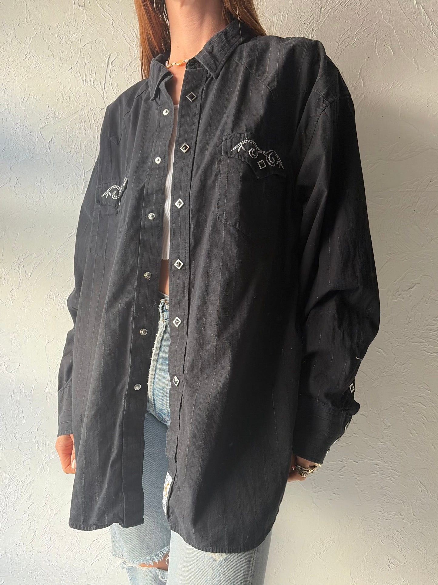 Y2k 'Parhandle' Black Embroidered Western Cowboy Workwear Snap Up Shirt / XL