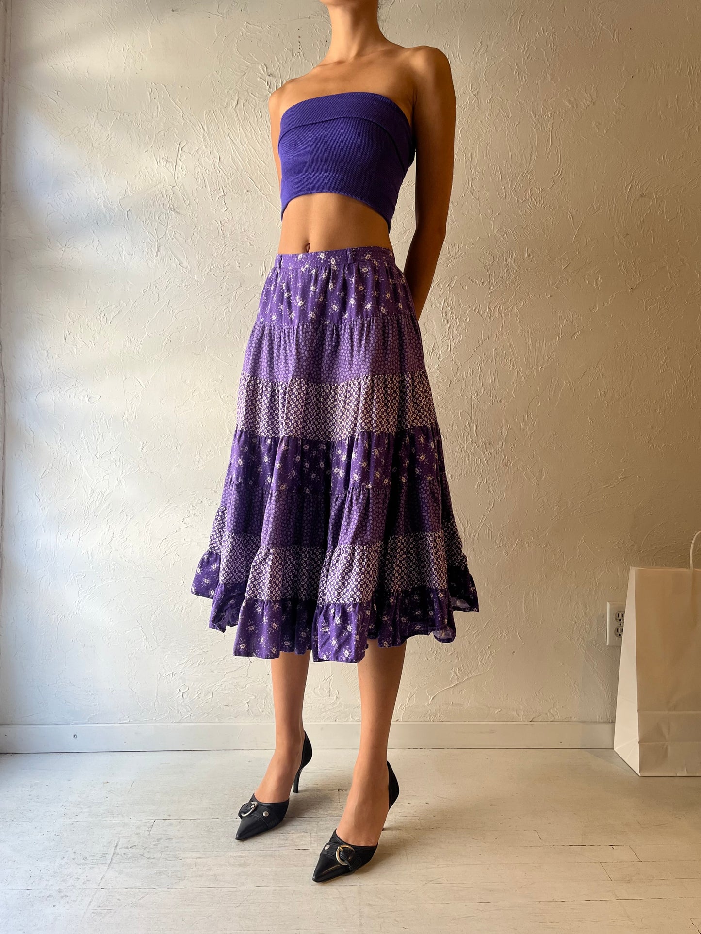 Vintage Handmade Purple Cotton Western Midi Skirt / Small