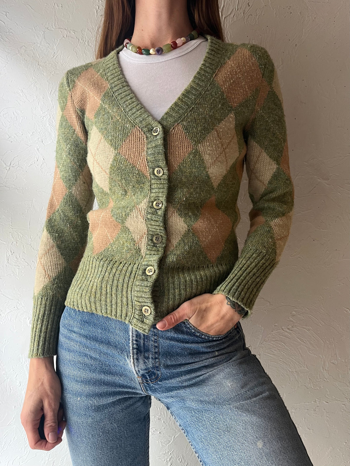 Vintage 'The Arthur Richards Women' Green Argyle Cardigan Sweater / Small