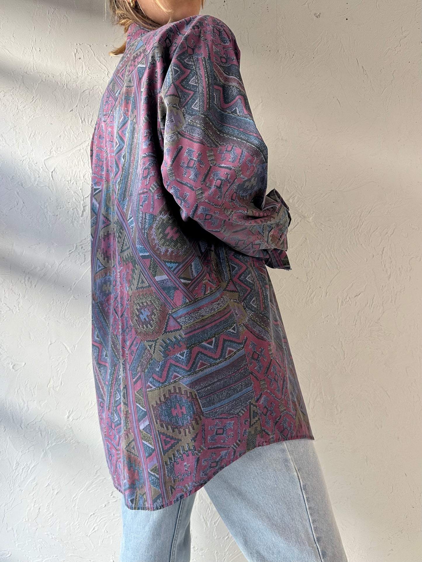 90s 'MWG' Purple Patterned Western Shirt / Large