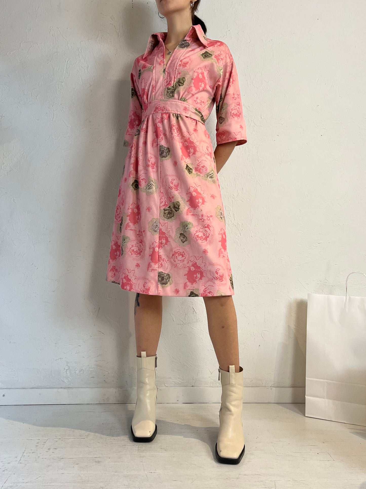 70s 'Nu Mode' Pink Floral Midi Dress / Medium