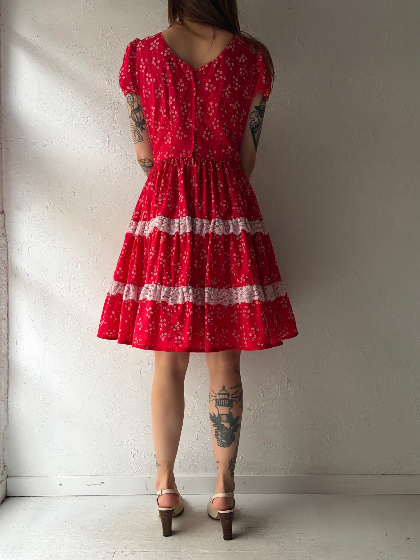 Vintage Handmade Red Floral Western Teared Mini Dress / Vintage Cottage Core Prairie Summer Dress / Small